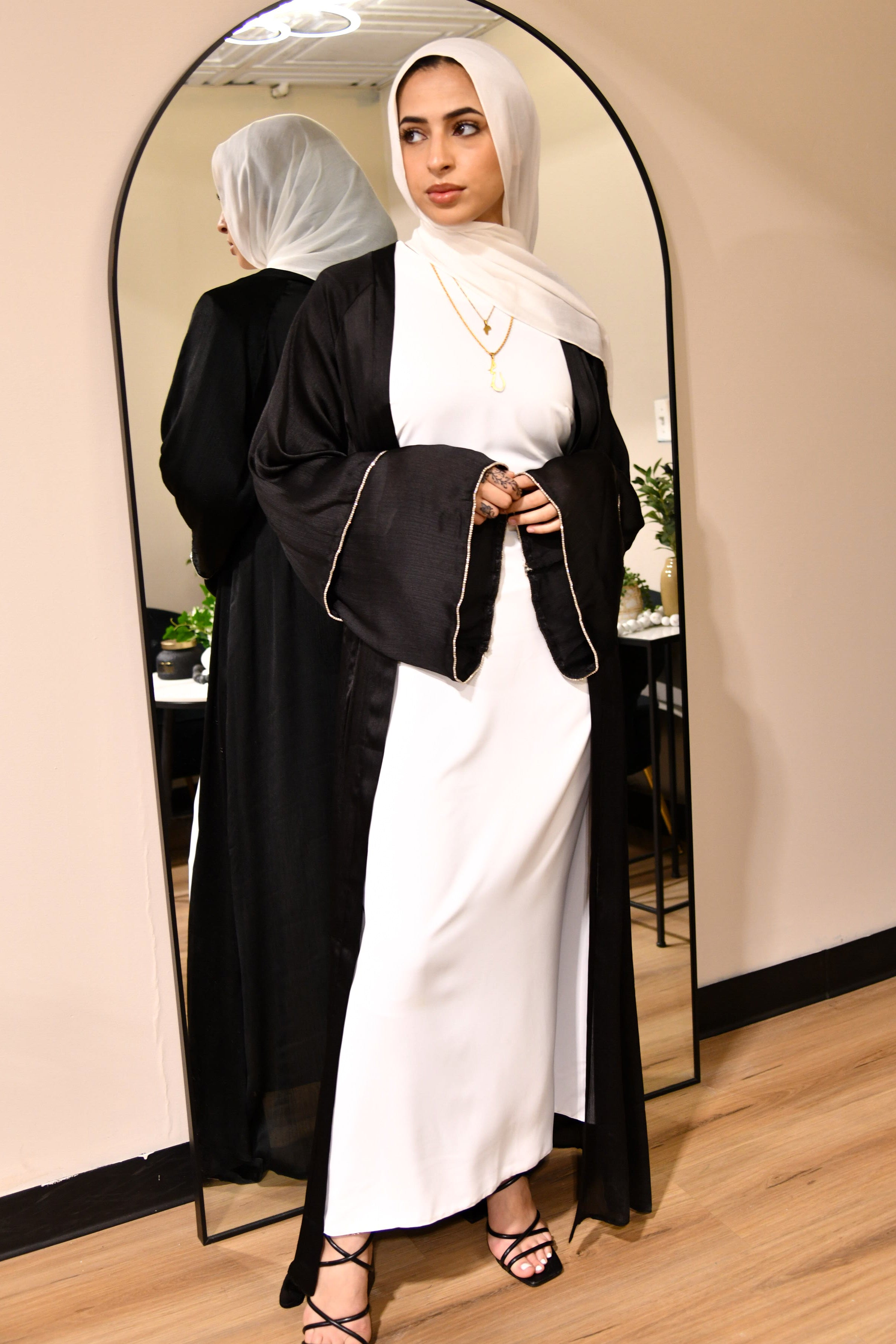 Satin Crystal Abaya Set - Black