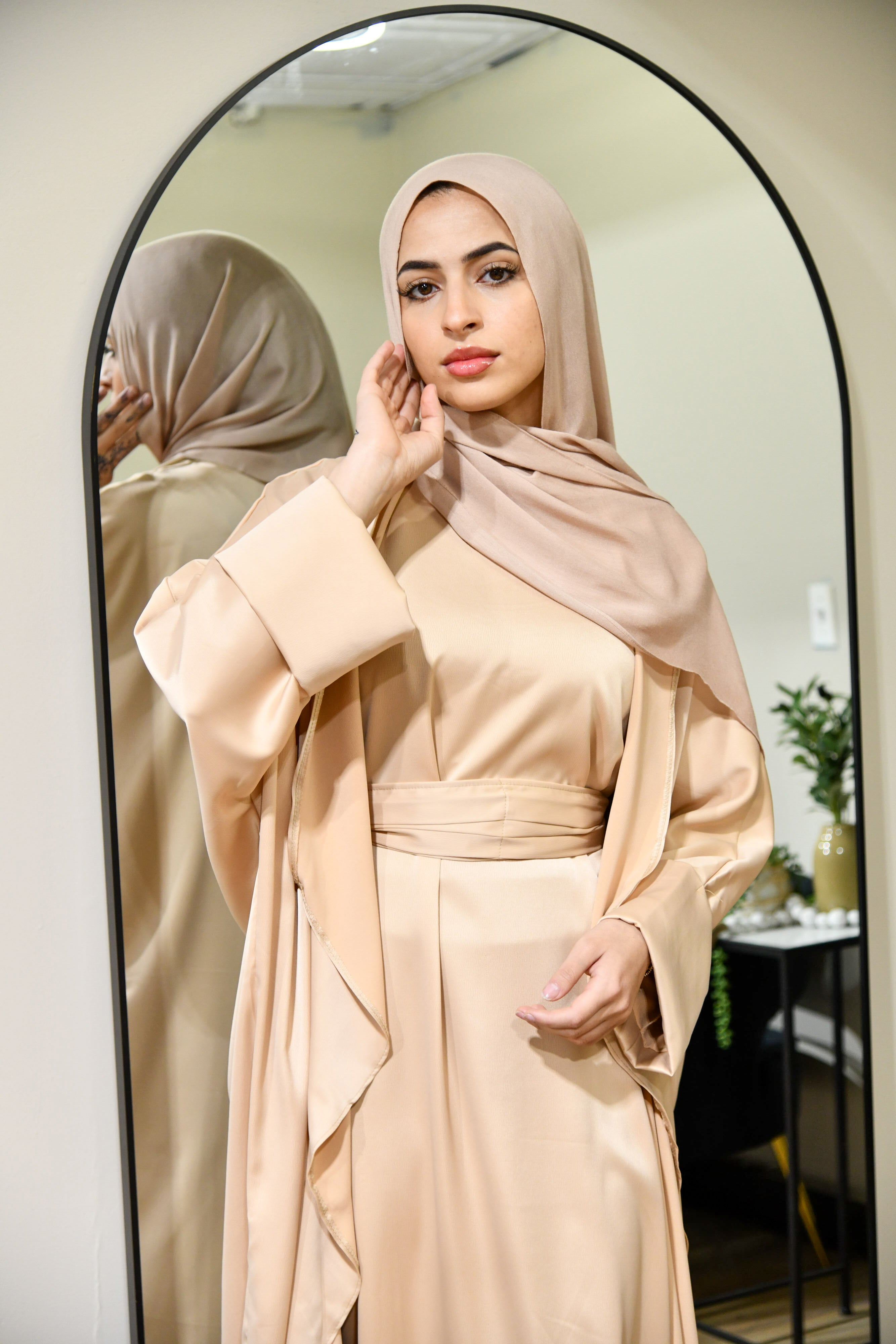 Draped Satin Abaya Set - Beige