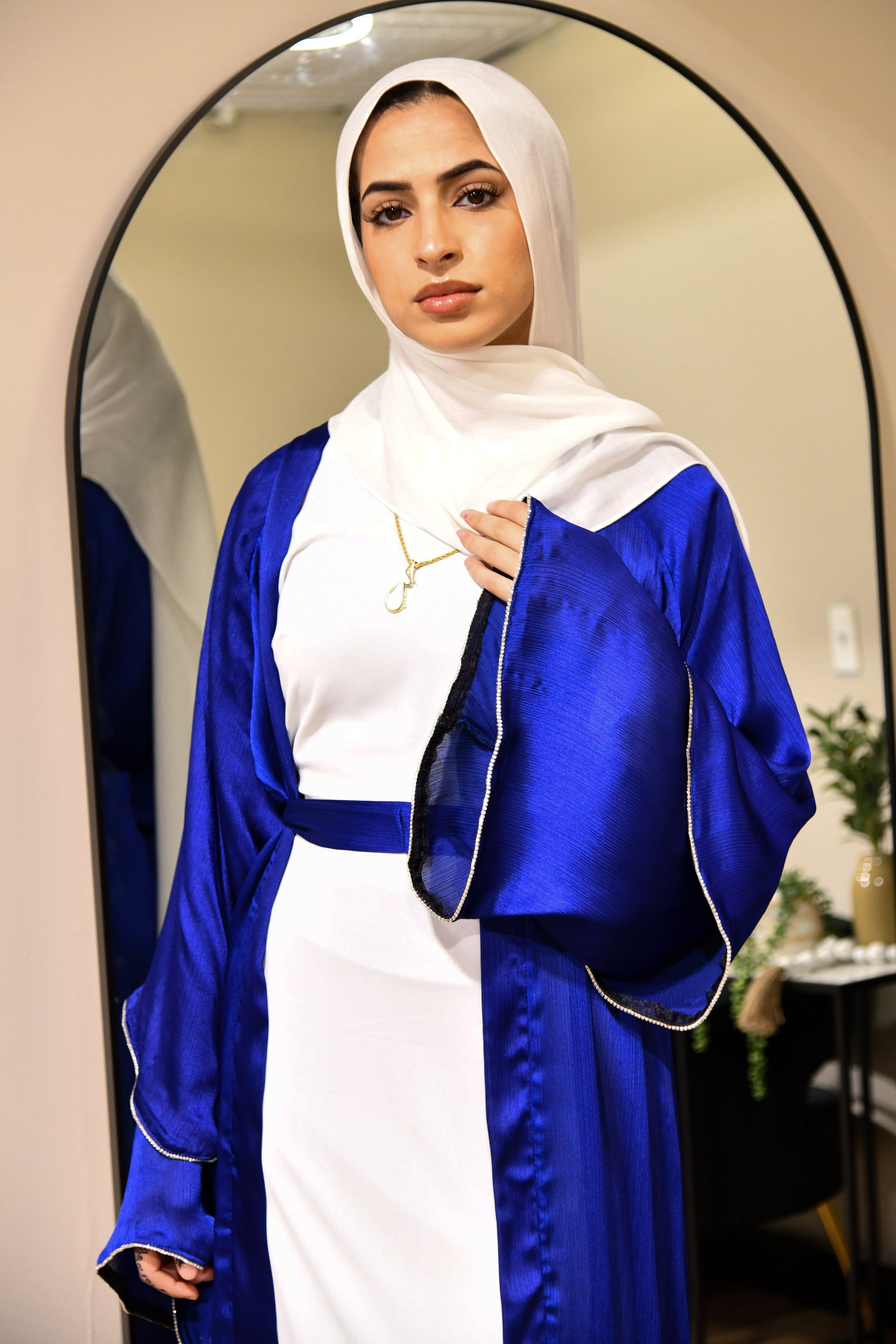 Satin Crystal Abaya Set - Blue