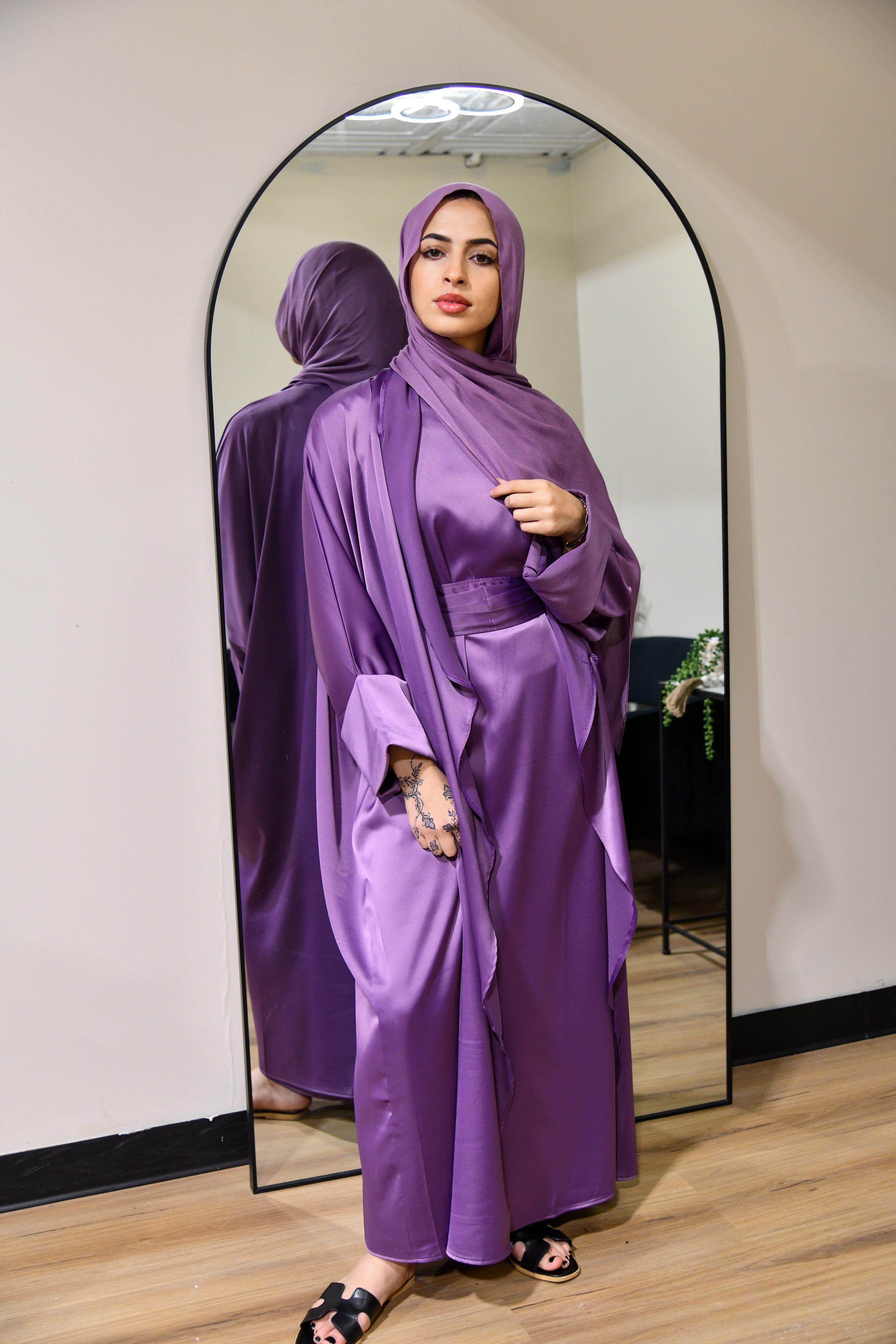Draped Satin Abaya Set - Lilac Purple