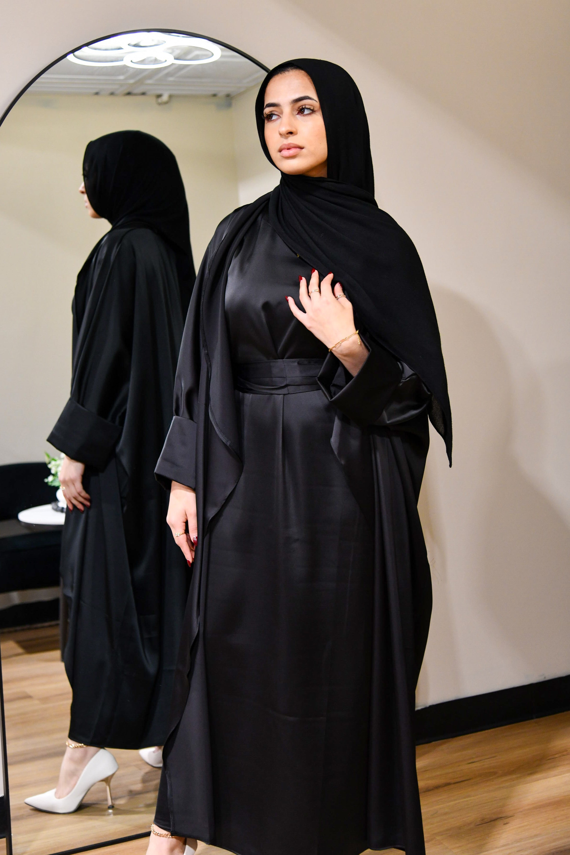 Draped Satin Abaya Set - Black
