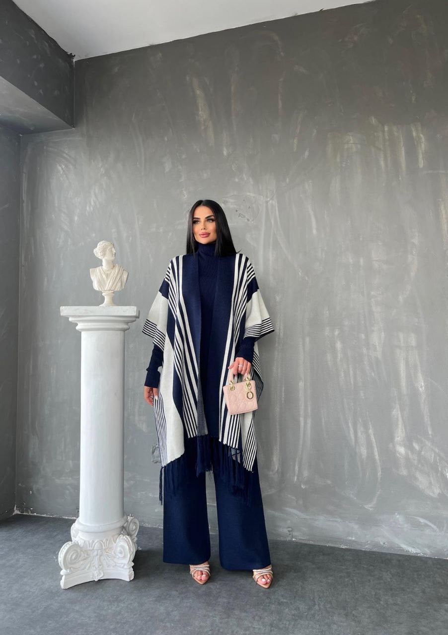 3 Piece Pancho Sweater Set - Navy