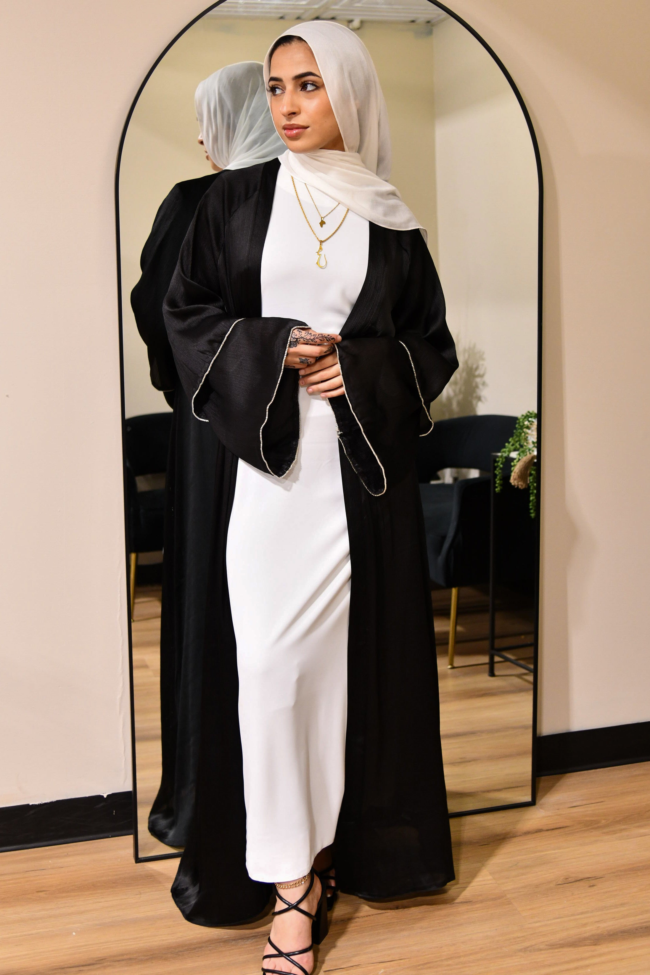 Satin Crystal Abaya Set - Black