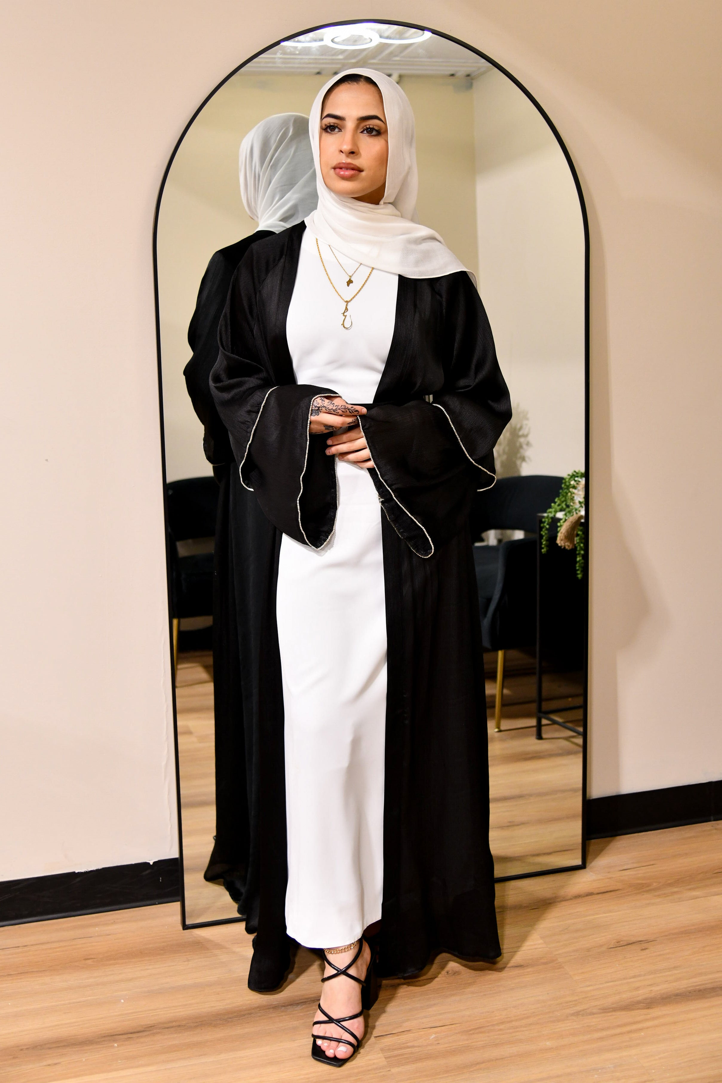 Satin Crystal Abaya Set - Black