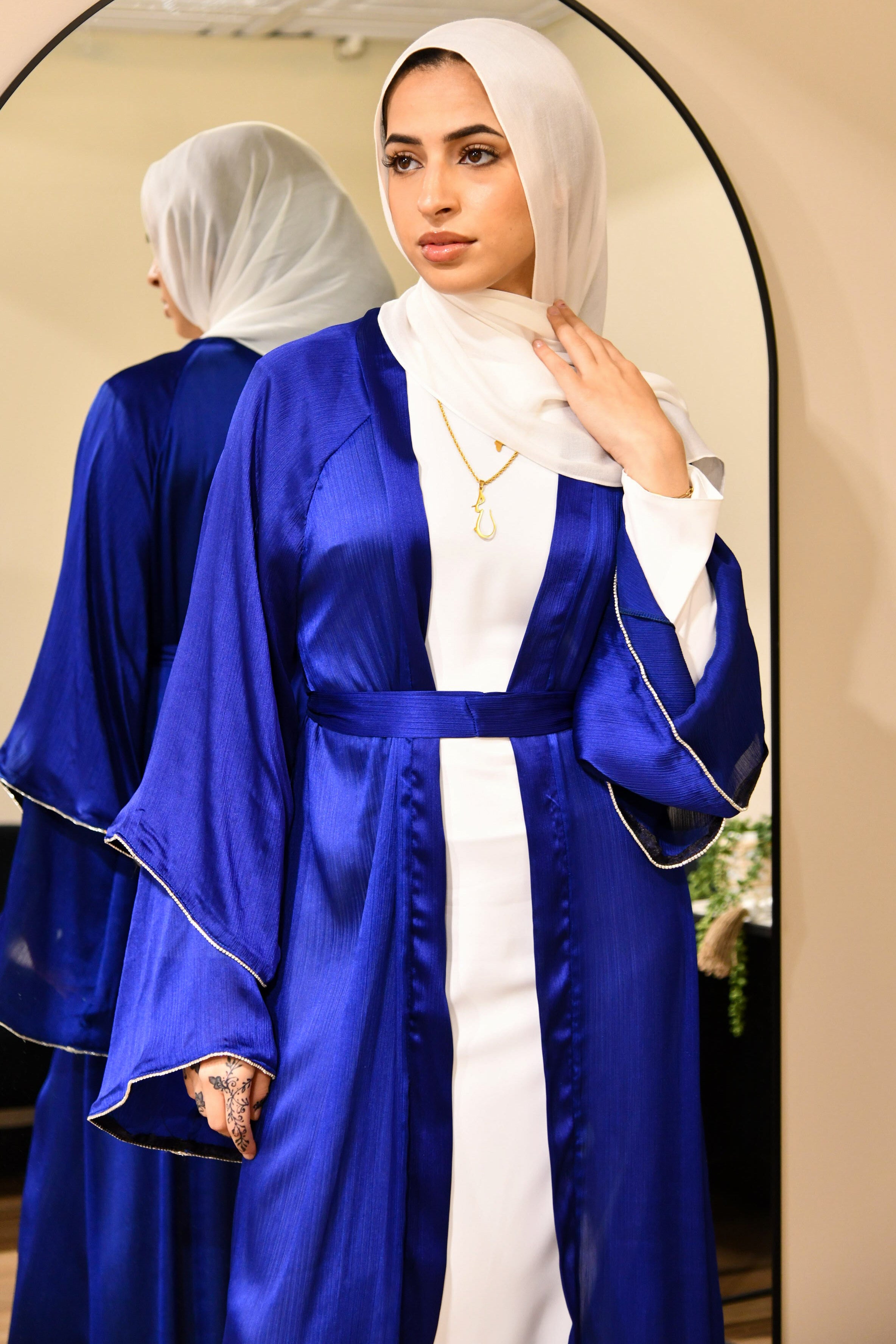Satin Crystal Abaya Set - Blue