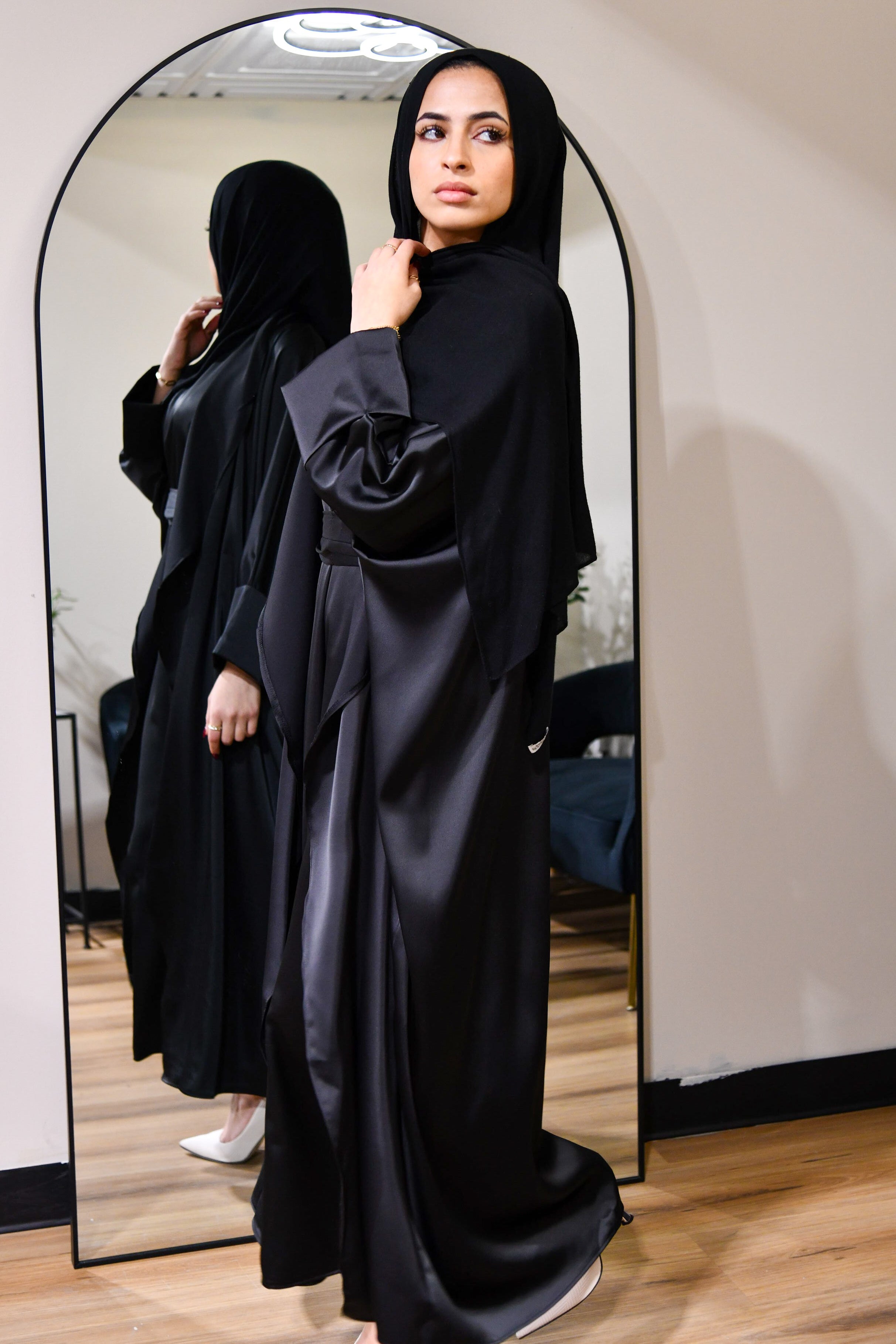 Draped Satin Abaya Set - Black