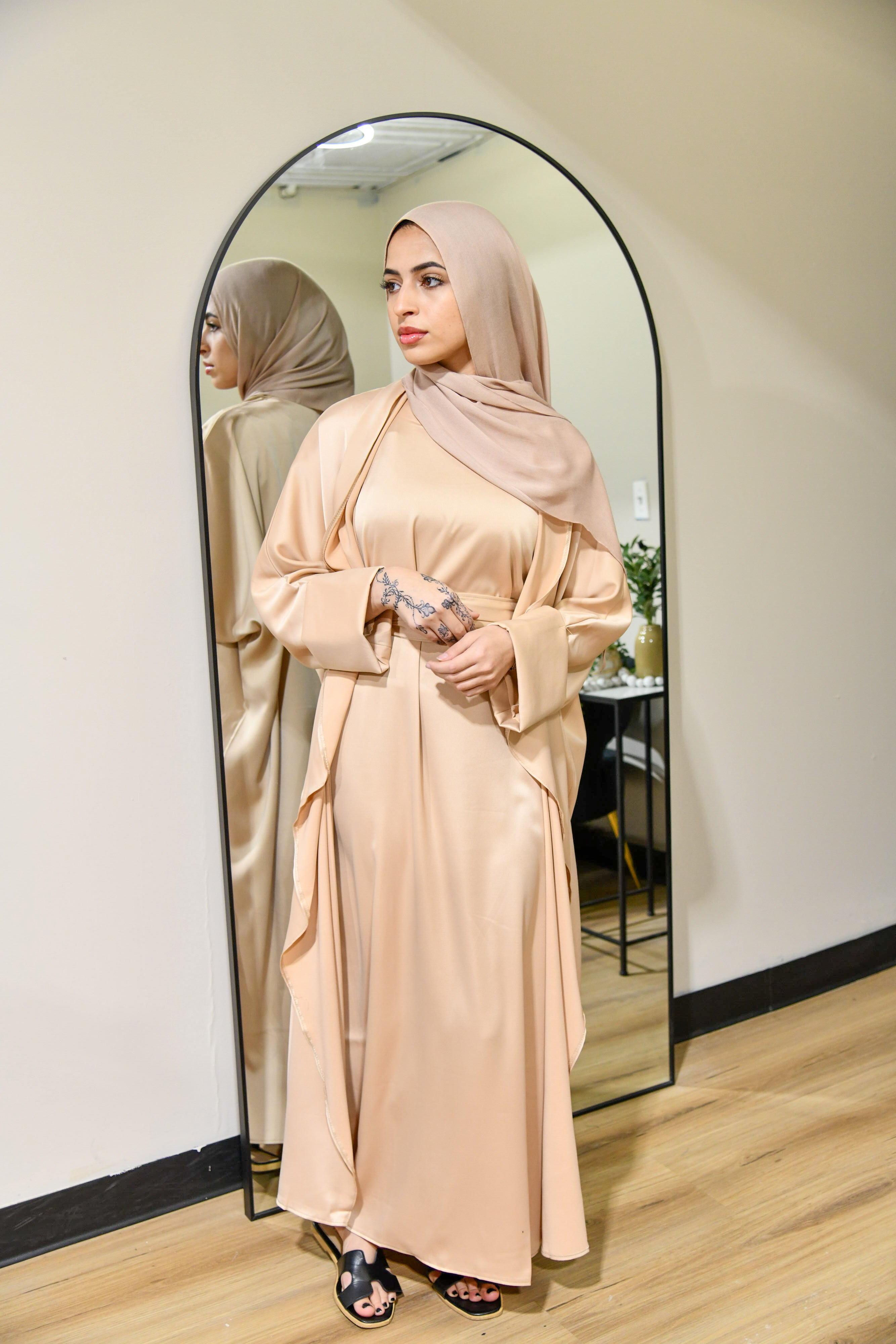 Draped Satin Abaya Set - Beige