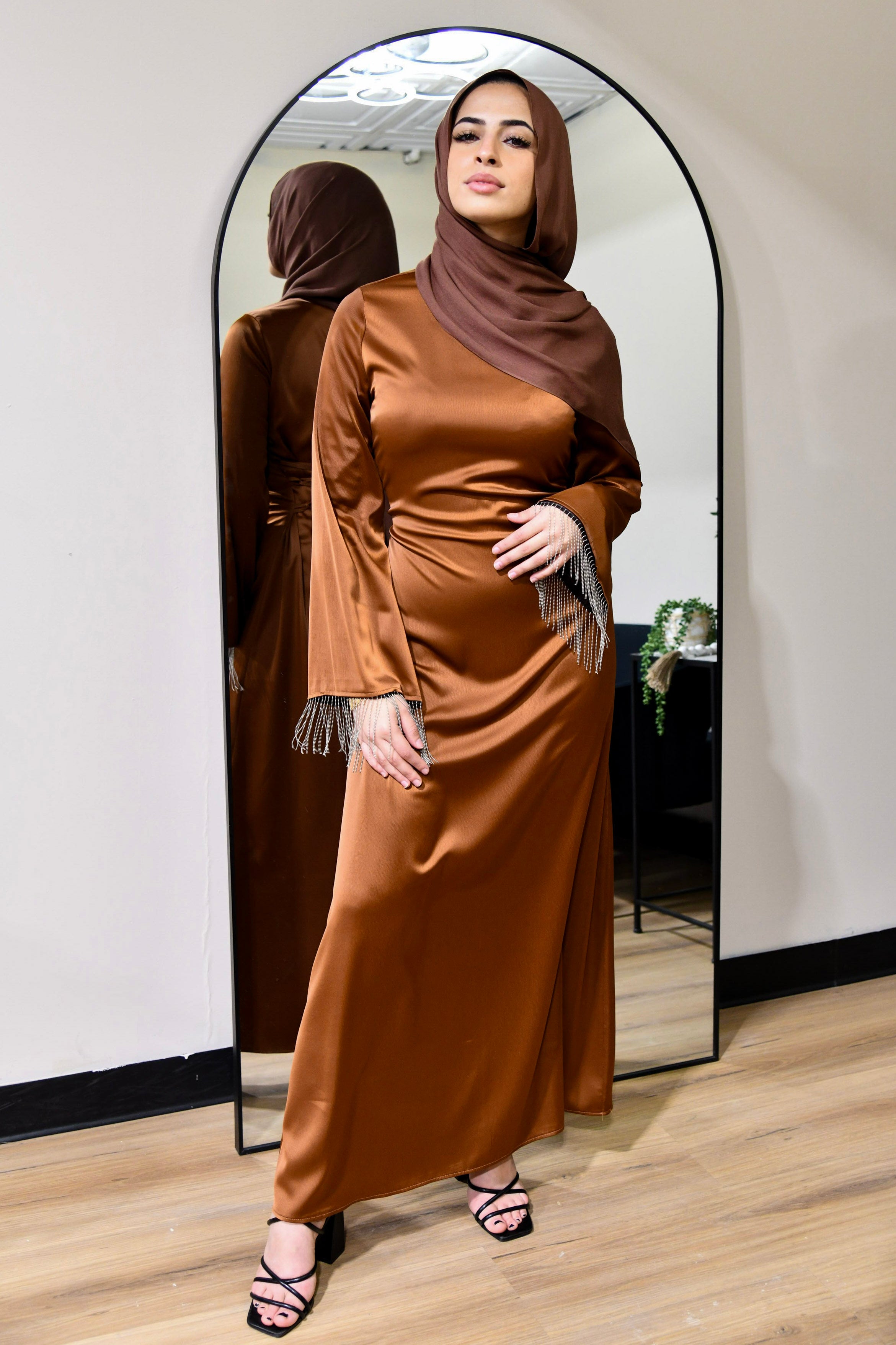 Crystal Cuff Satin Maxi Dress - Brown