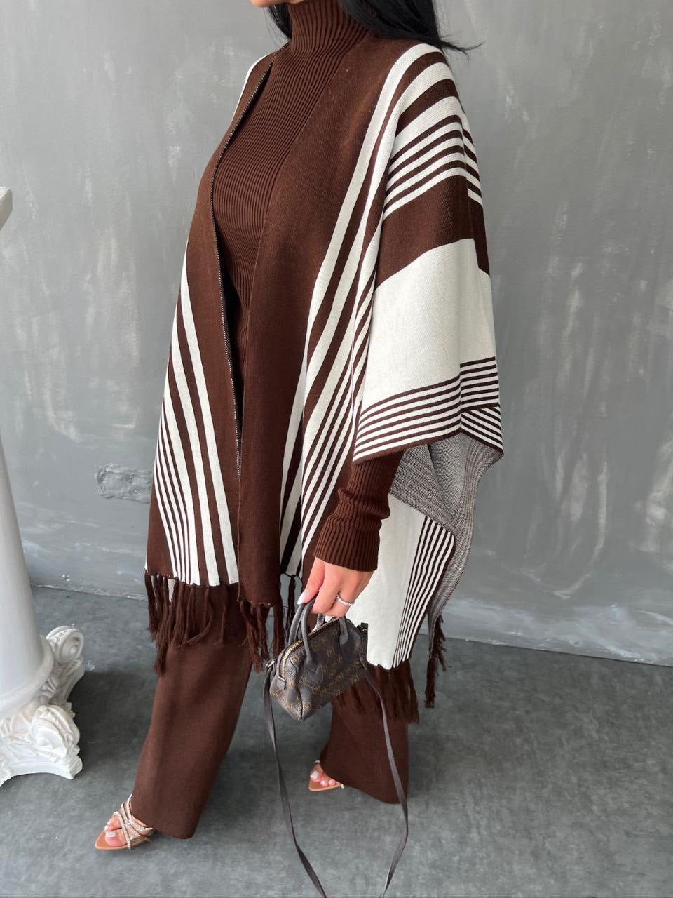 3 Piece Pancho Sweater Set - Brown