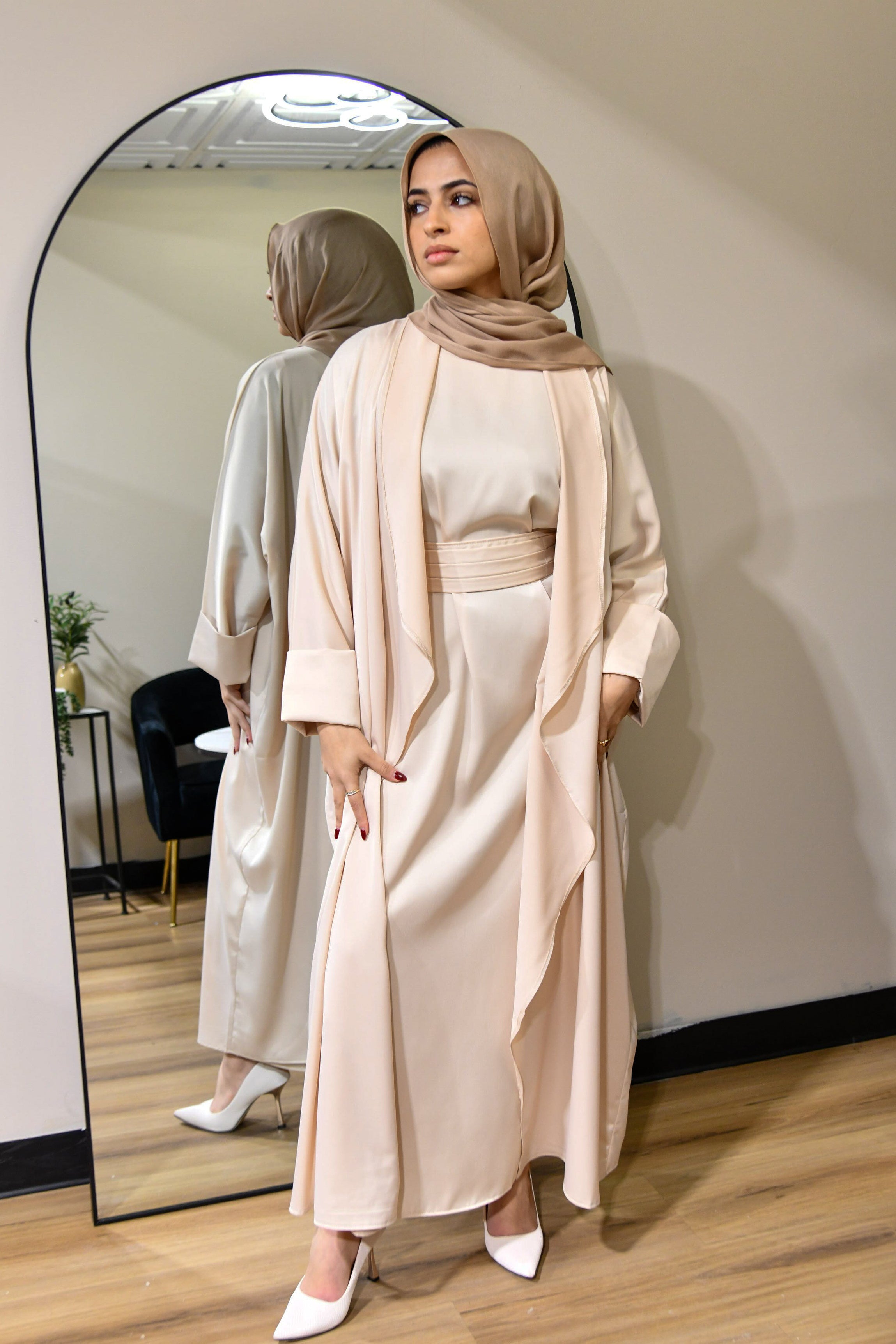 Draped Satin Abaya Set - Nude