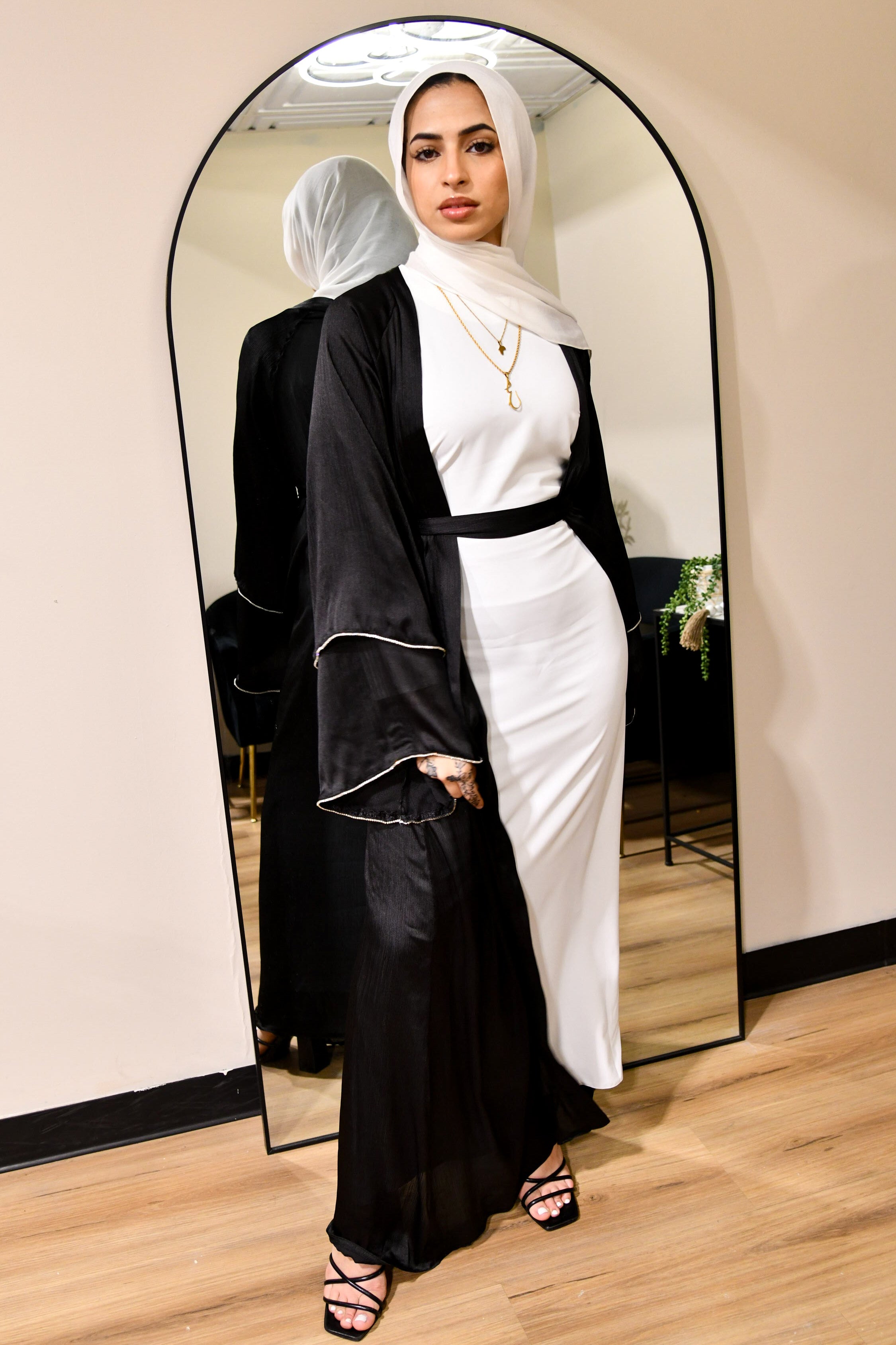 Satin Crystal Abaya Set - Black