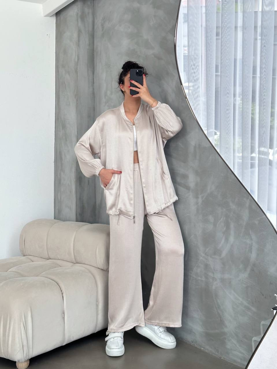 Satin Zip Up 2 Piece Set - Nude