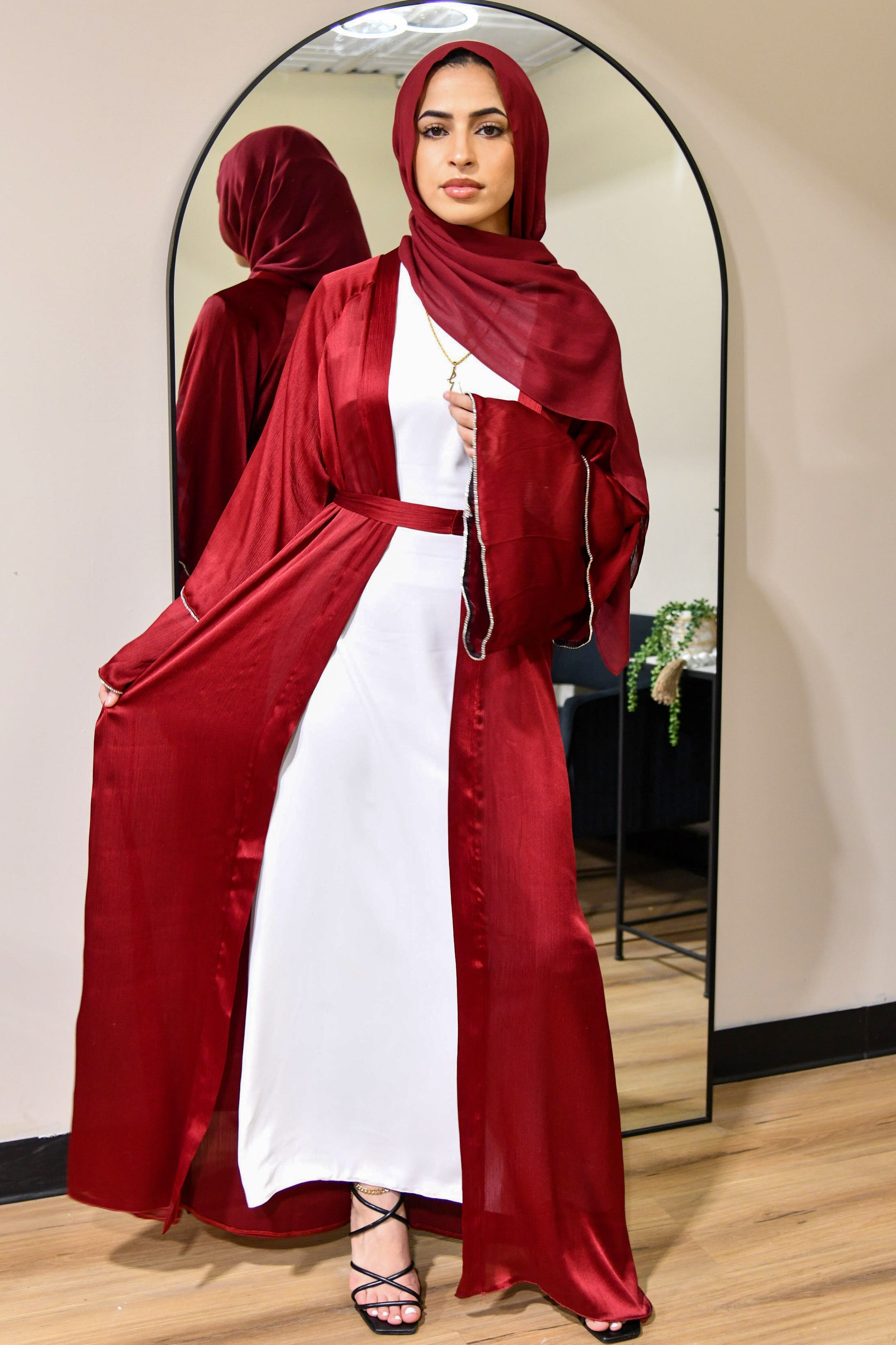 Satin Crystal Abaya Set - Red