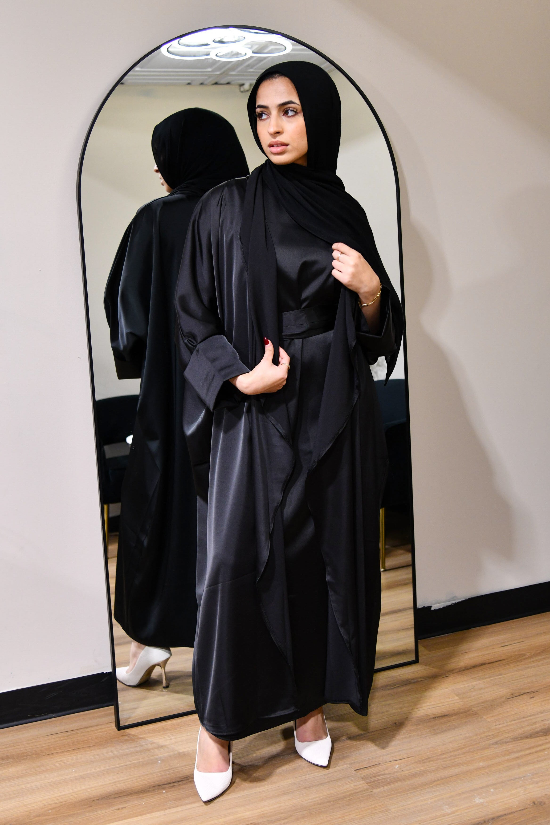 Draped Satin Abaya Set - Black