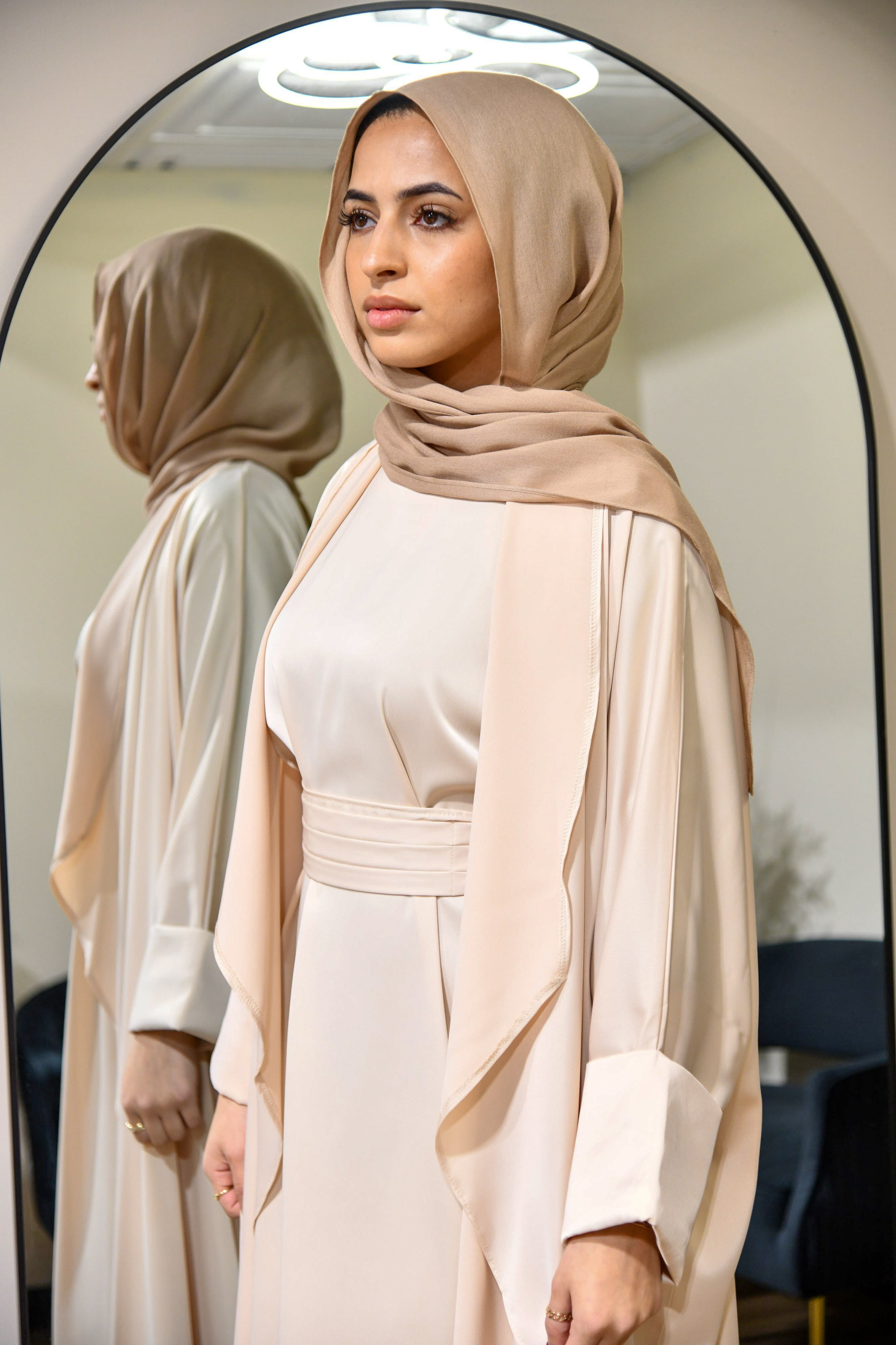 Draped Satin Abaya Set - Nude