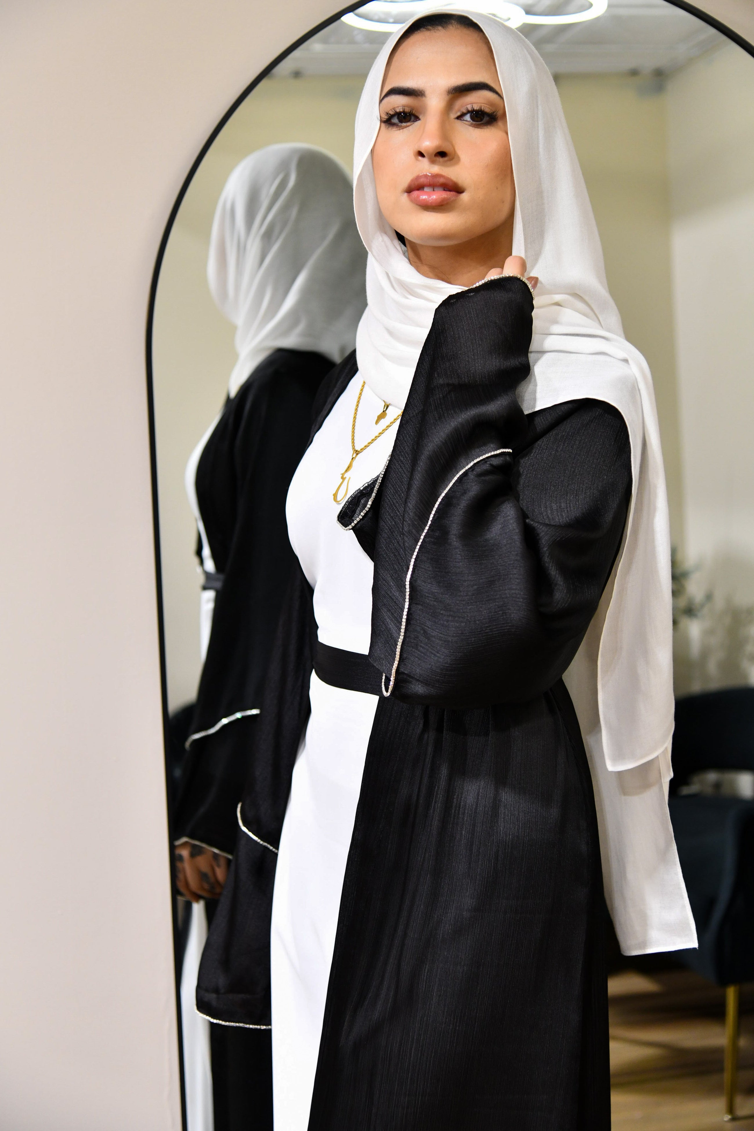 Satin Crystal Abaya Set - Black