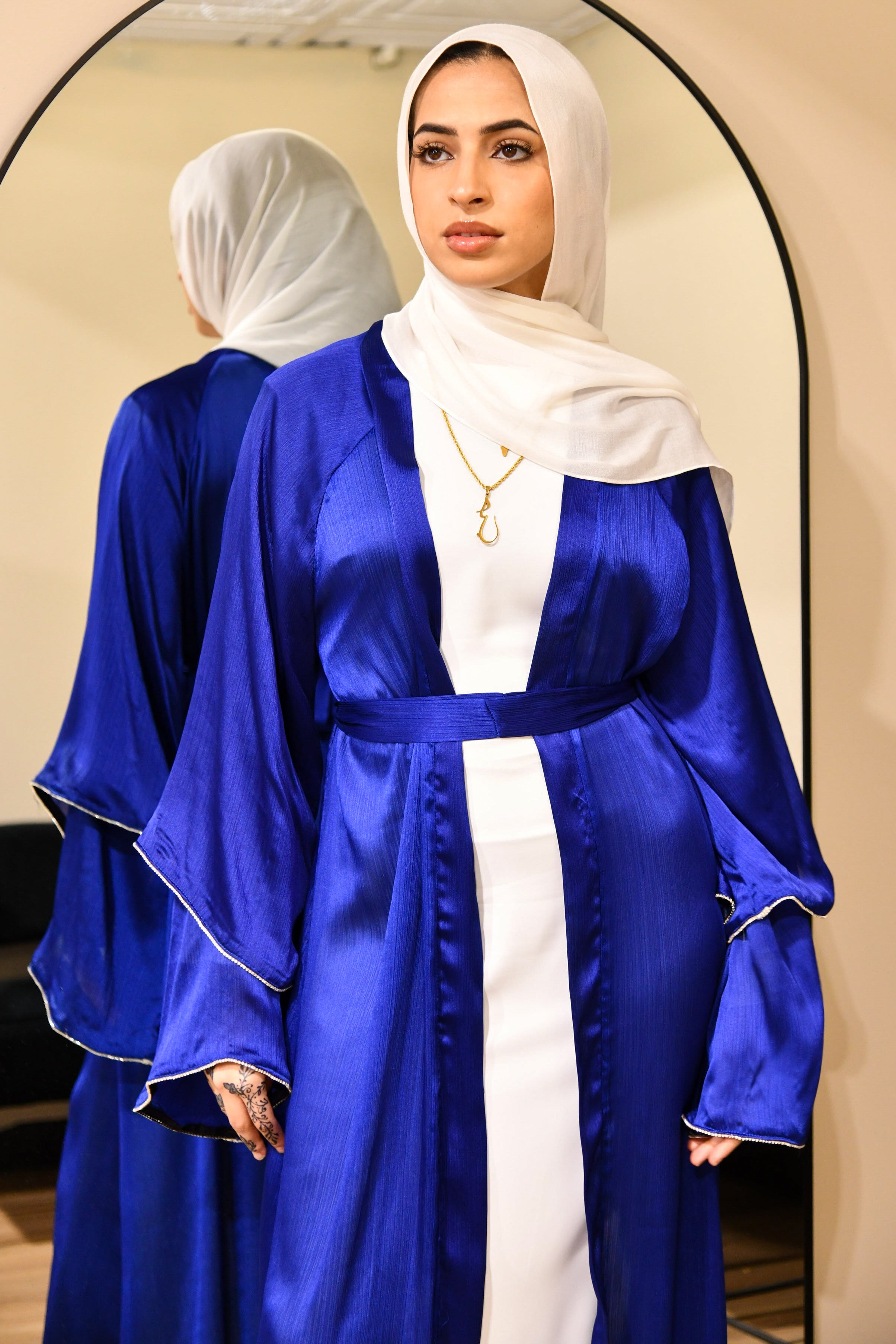 Satin Crystal Abaya Set - Blue