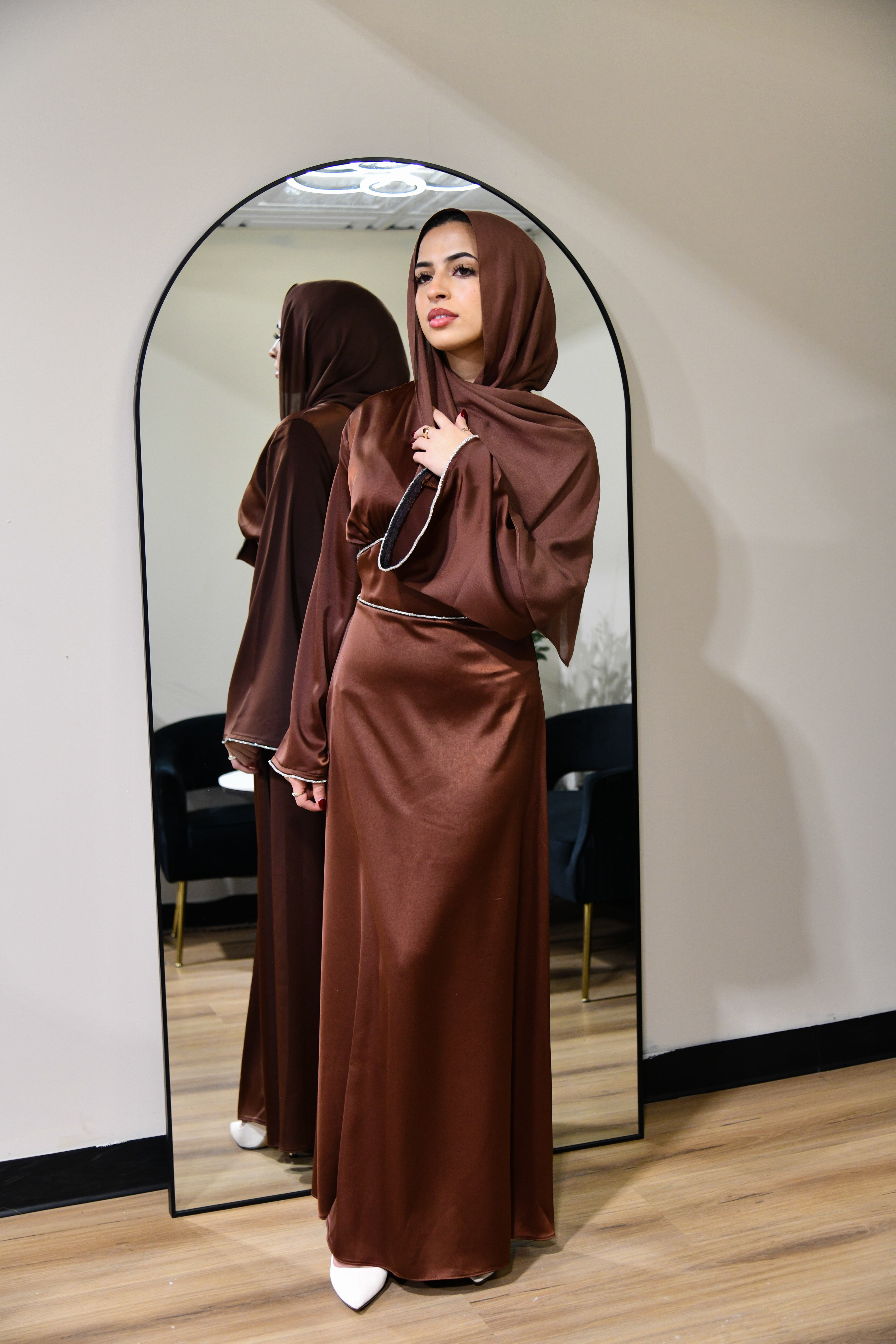 Crystal Satin Maxi Dress - Brown