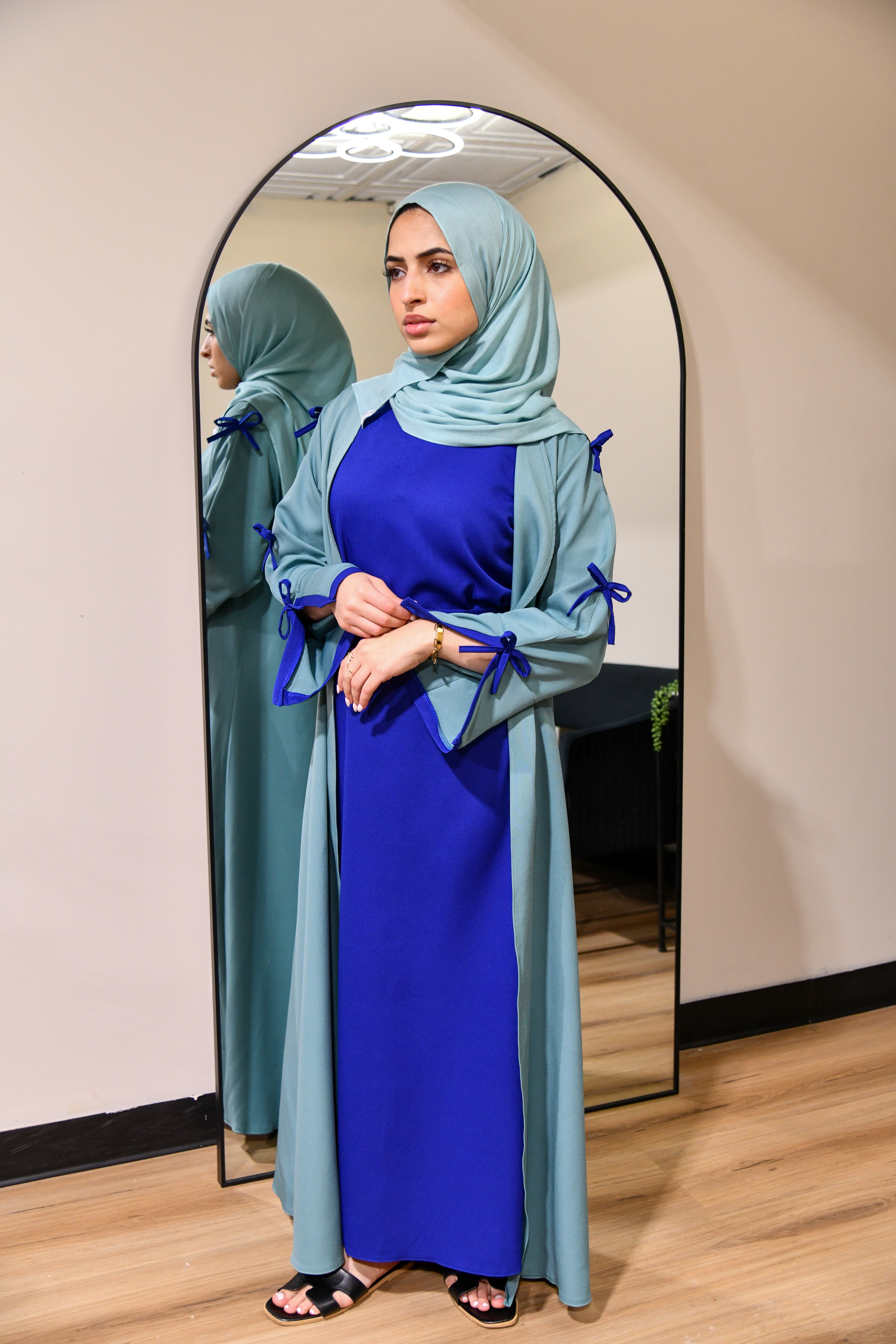 Dual Tone Bow Abaya Set - Mint/Royal