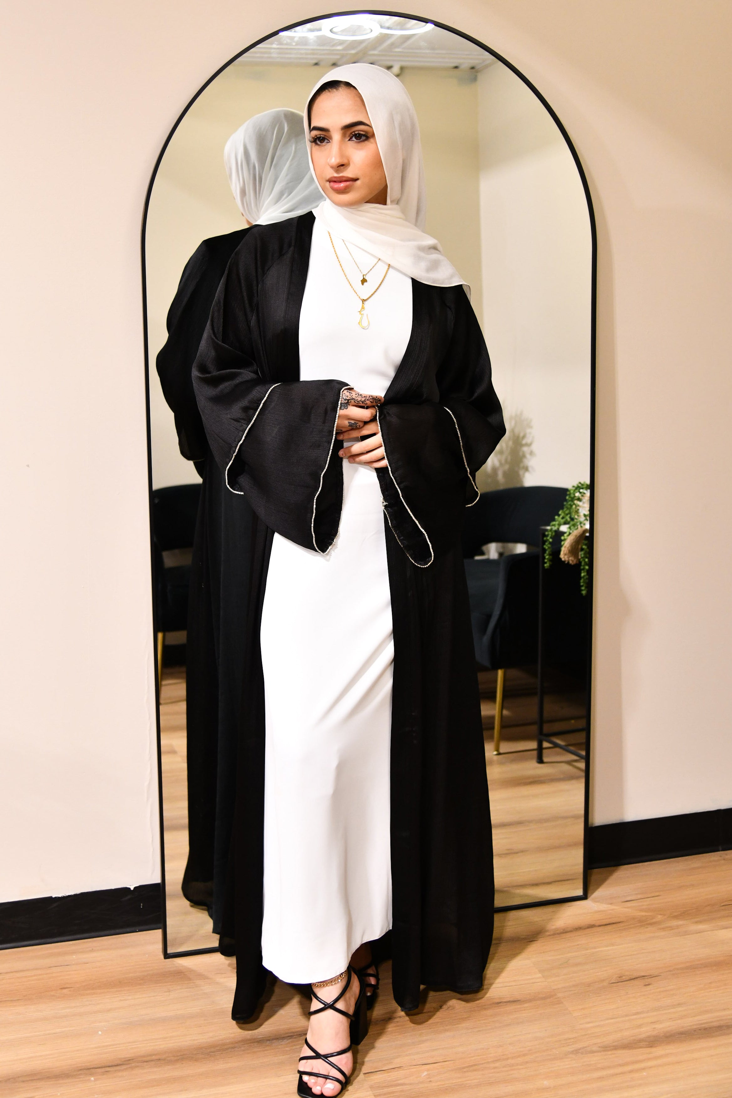 Satin Crystal Abaya Set - Black