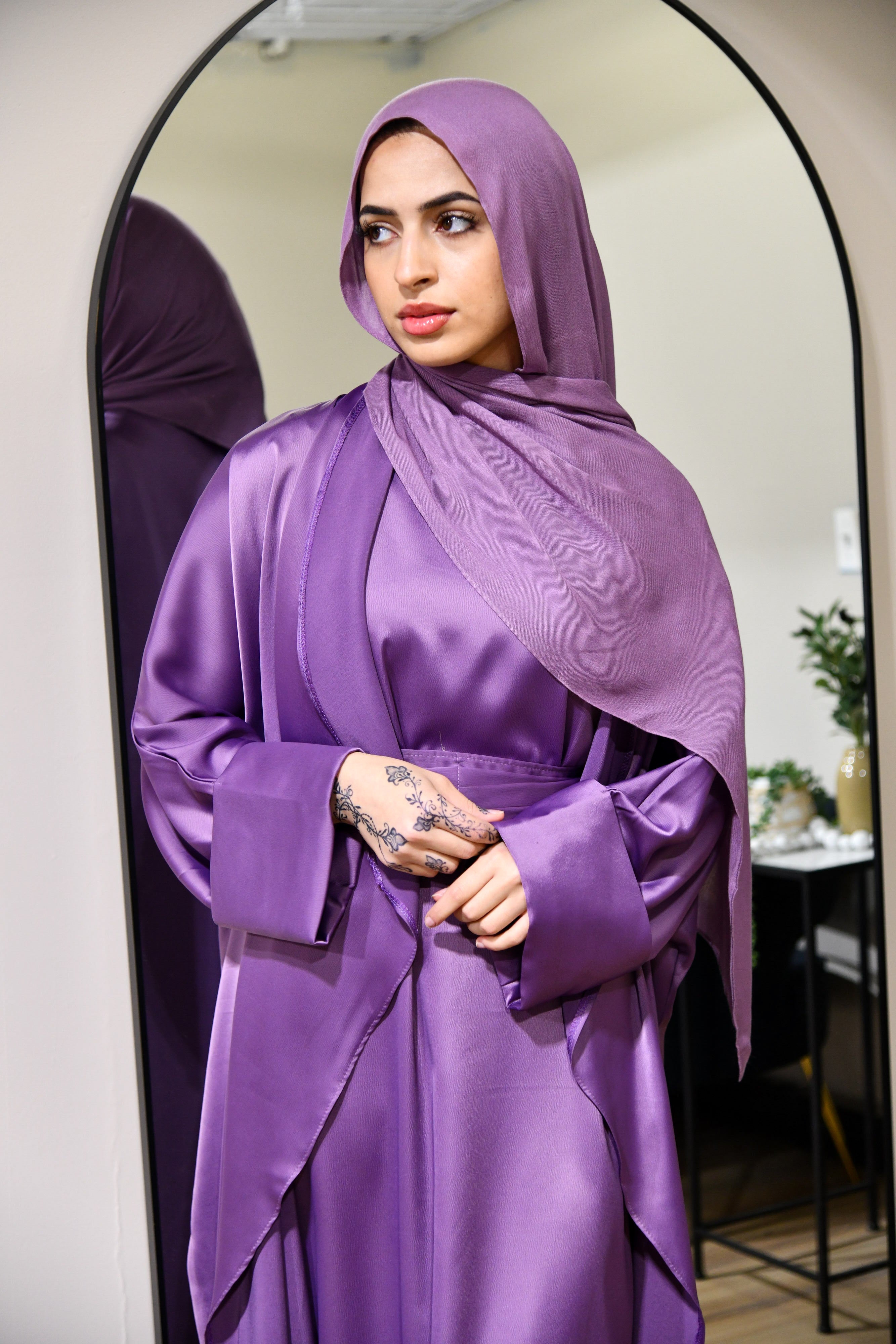 Draped Satin Abaya Set - Lilac Purple