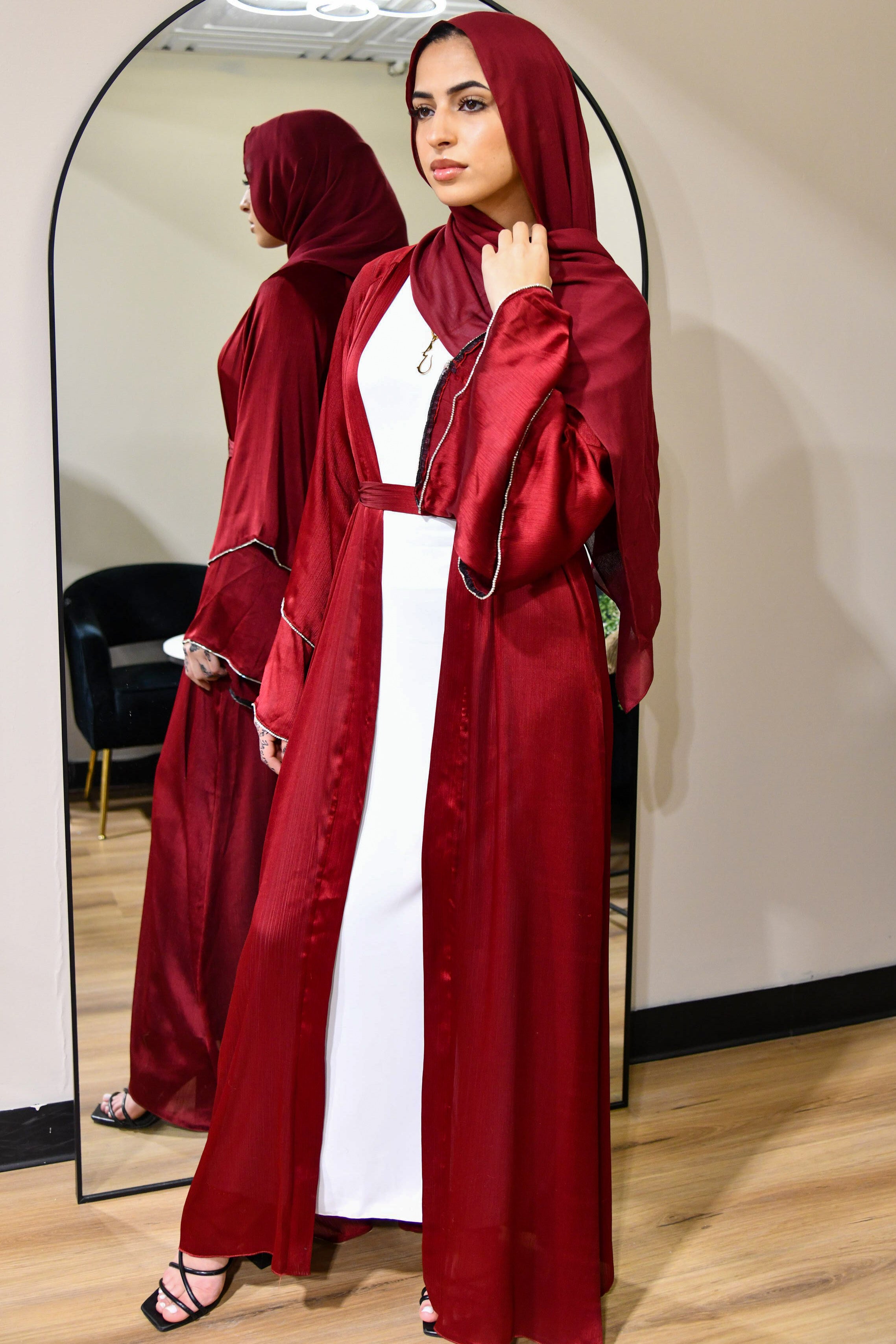 Satin Crystal Abaya Set - Red