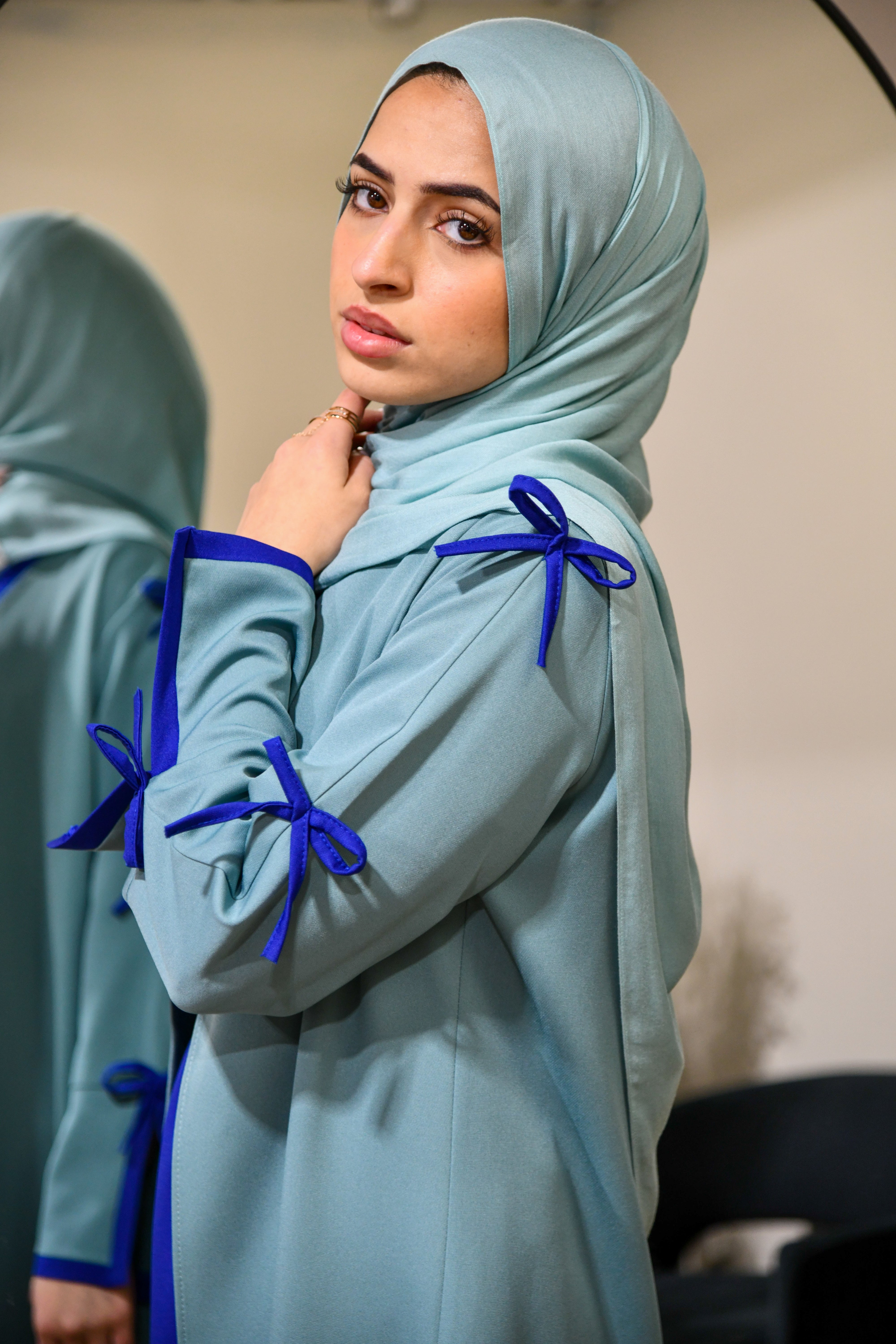 Dual Tone Bow Abaya Set - Mint/Royal