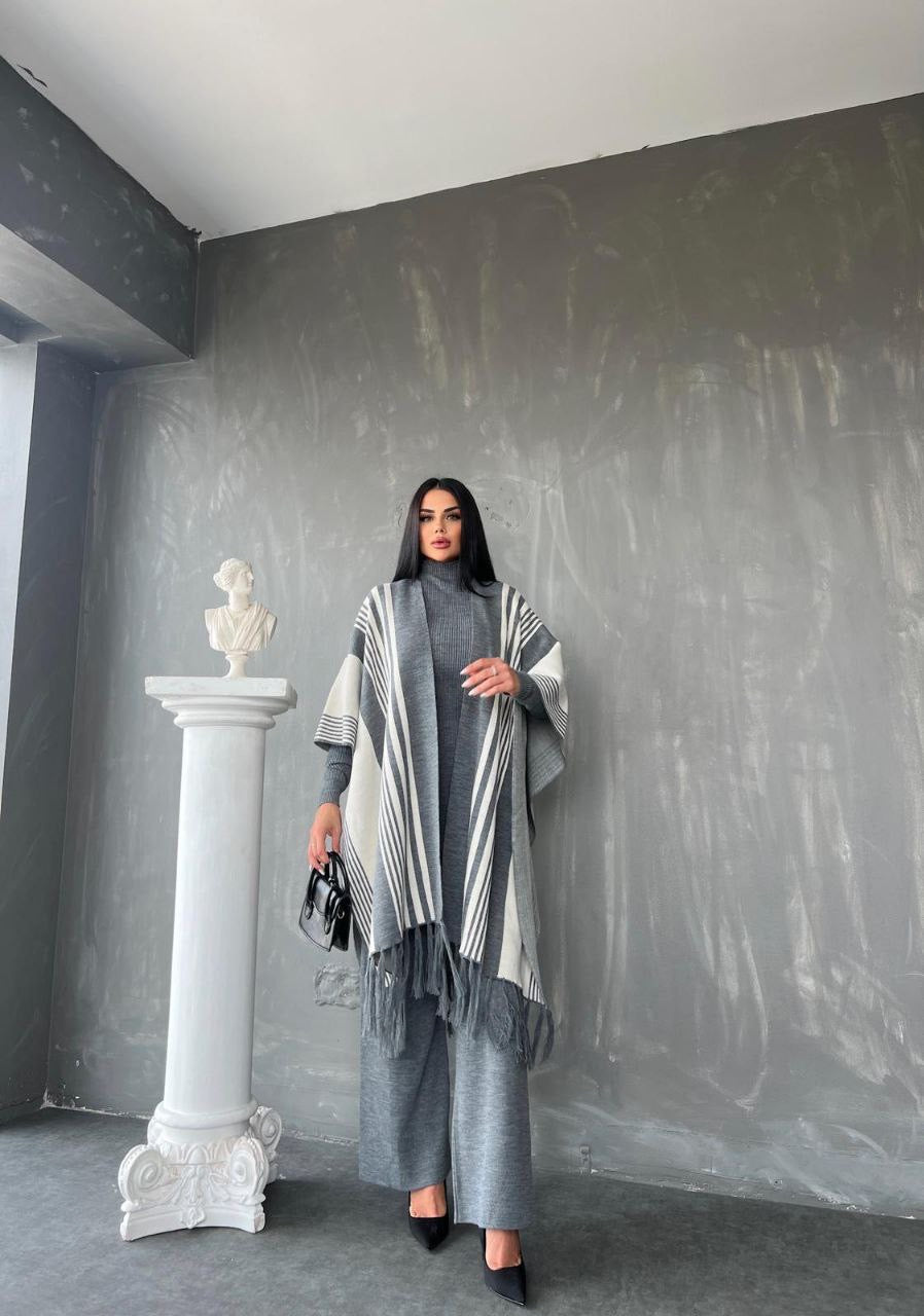 3 Piece Pancho Sweater Set - Grey