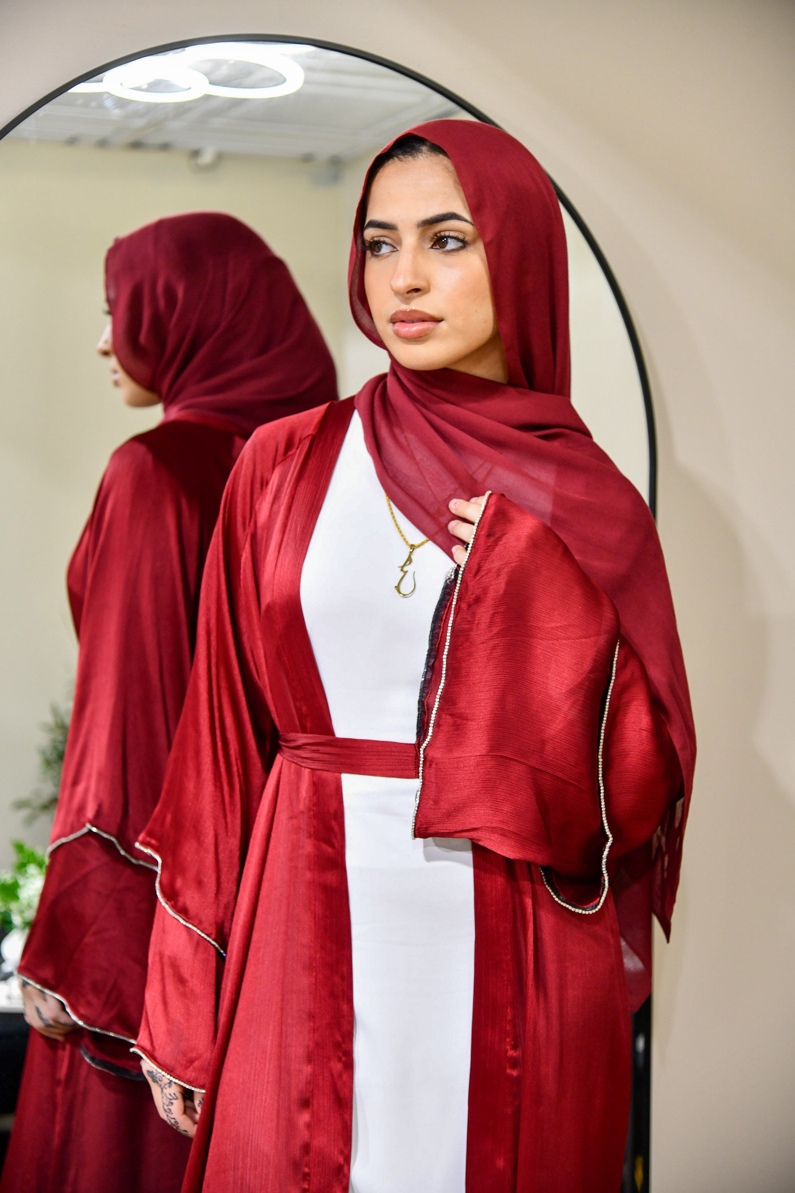 Satin Crystal Abaya Set - Red