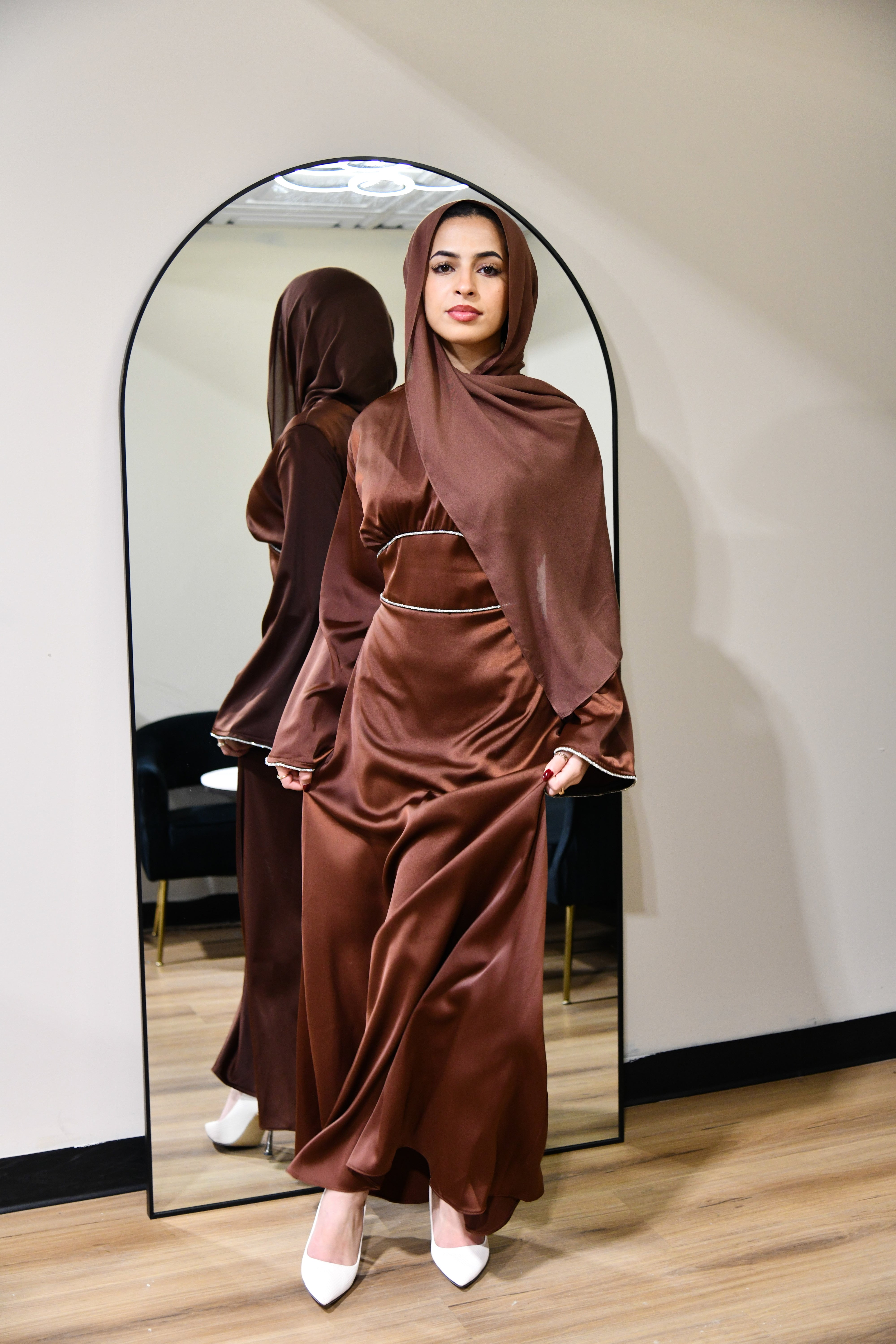 Crystal Satin Maxi Dress - Brown