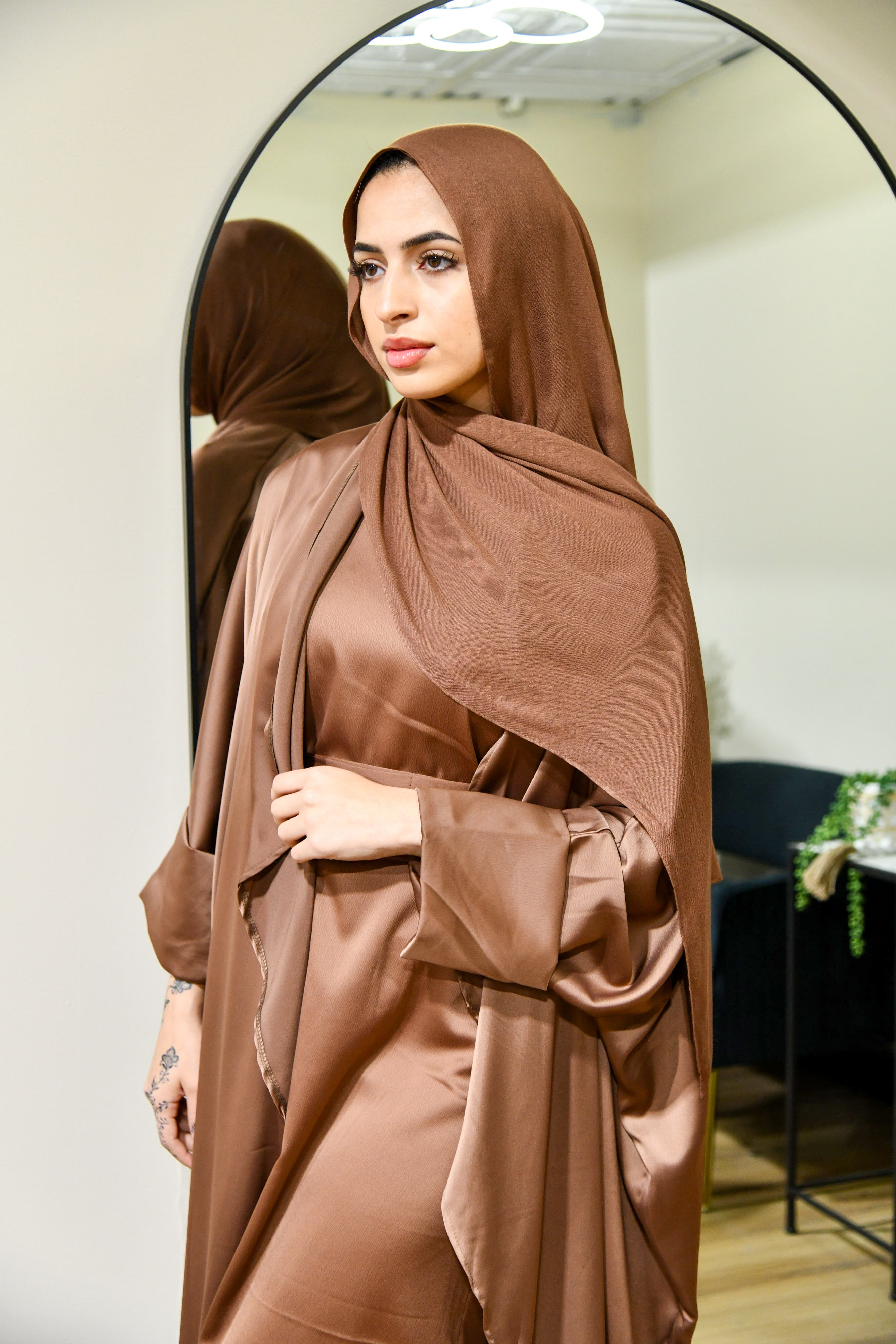 Draped Satin Abaya Set - Mocha Brown