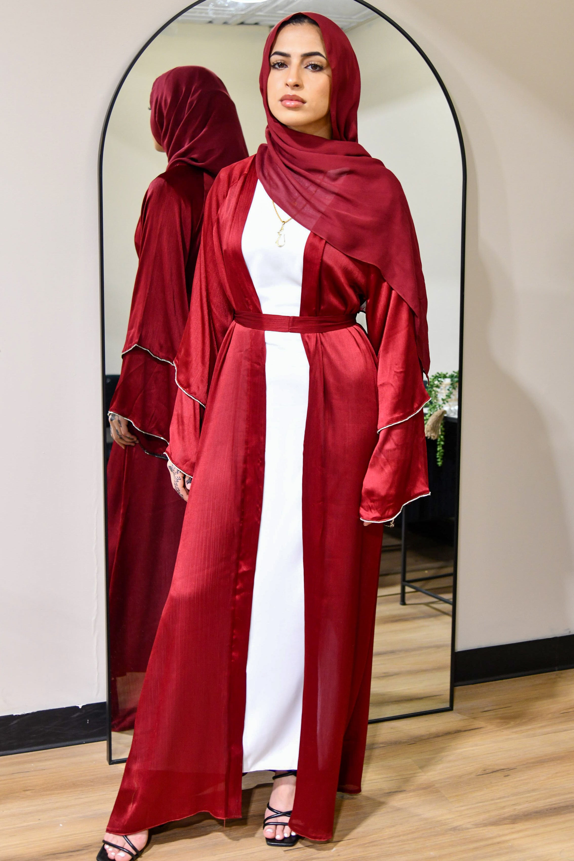 Satin Crystal Abaya Set - Red