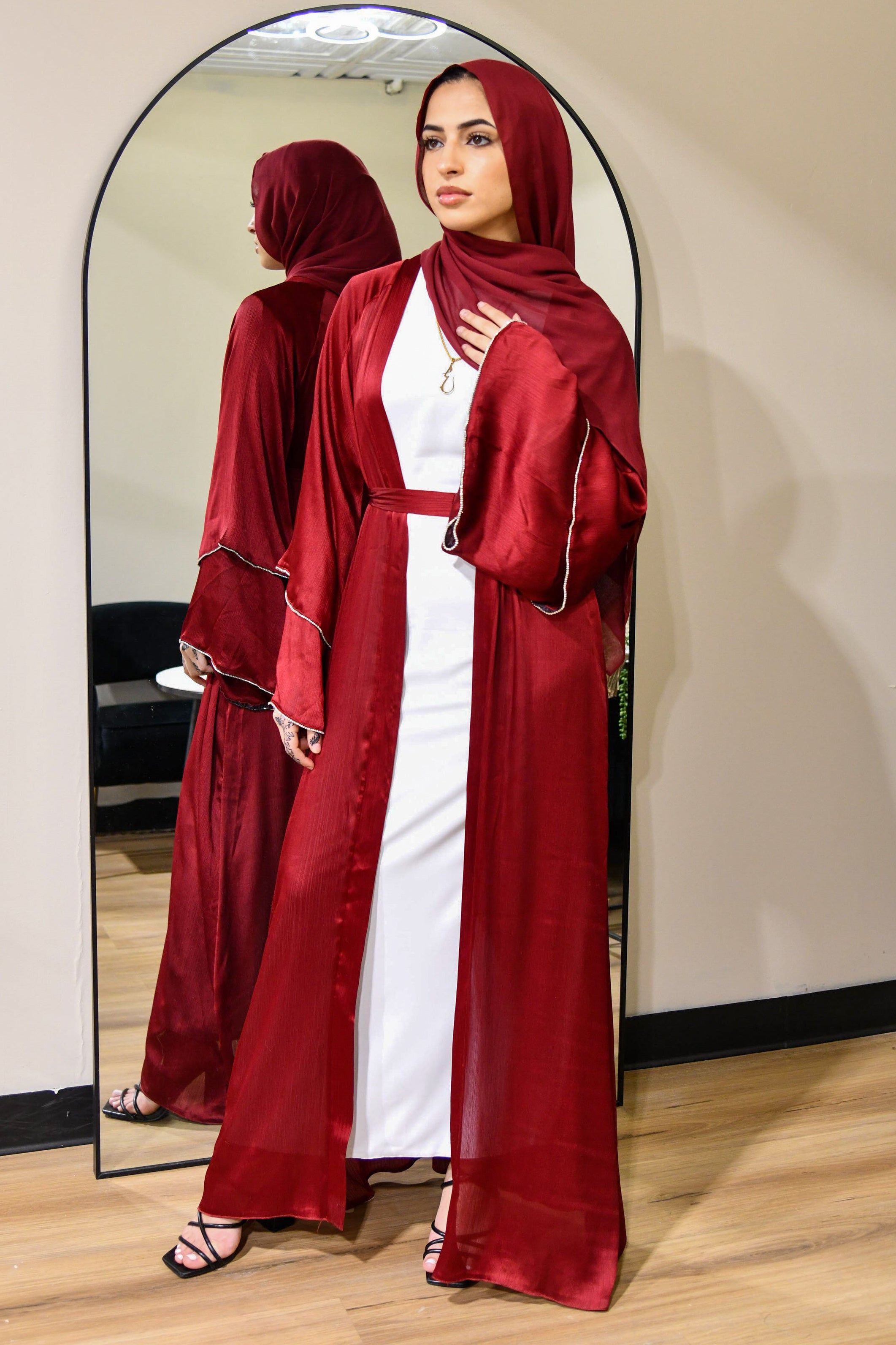 Satin Crystal Abaya Set - Red