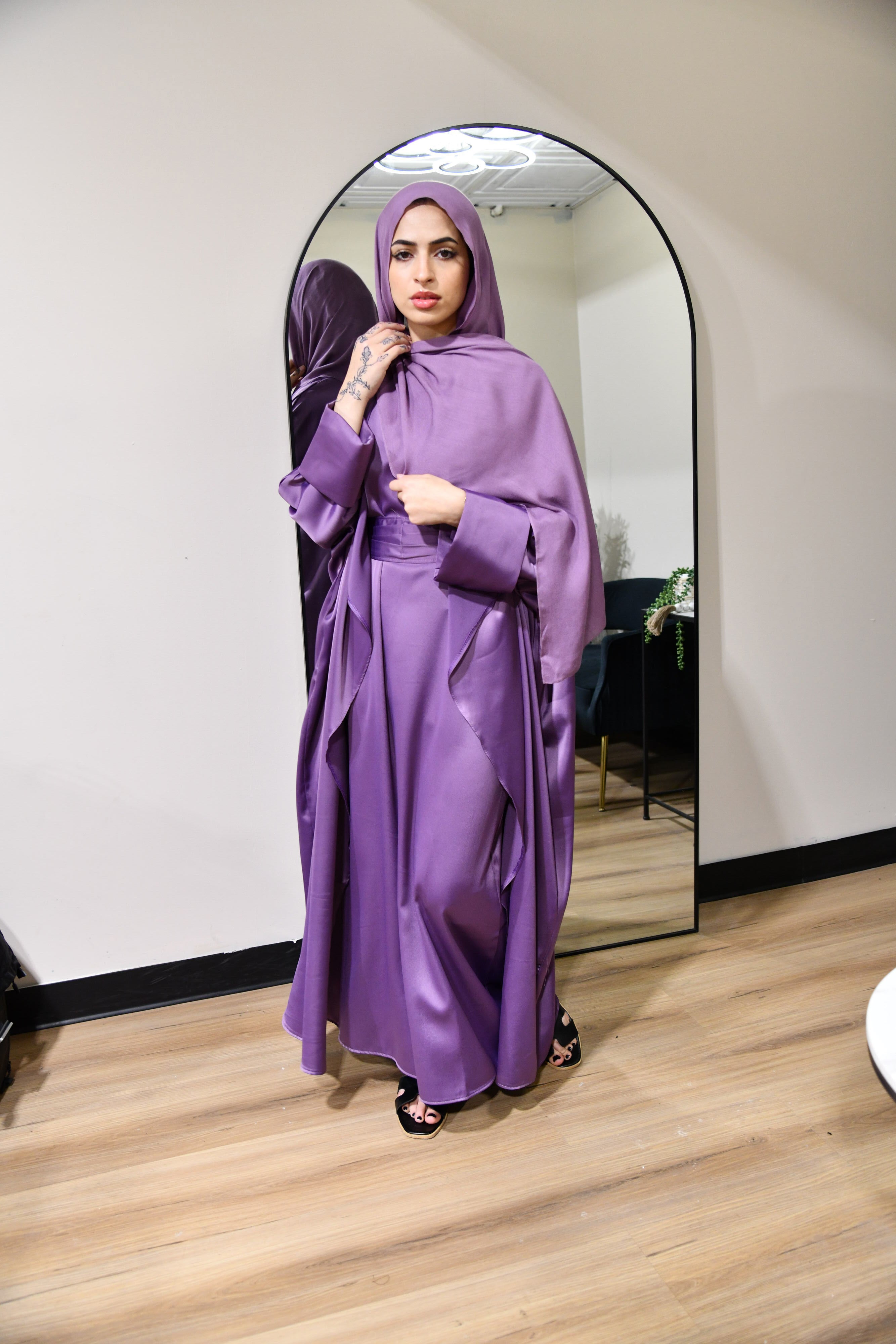 Draped Satin Abaya Set - Lilac Purple