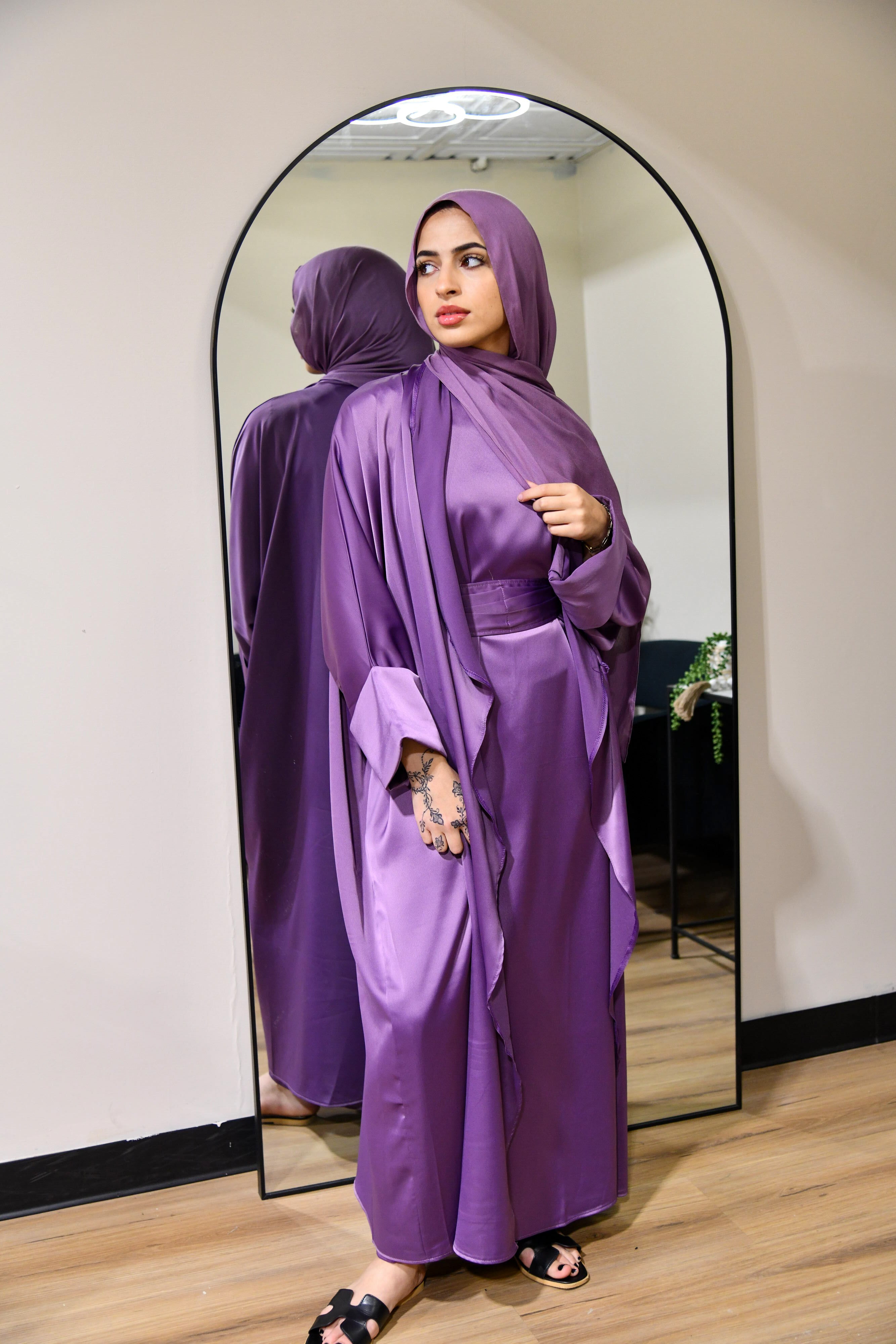 Draped Satin Abaya Set - Lilac Purple