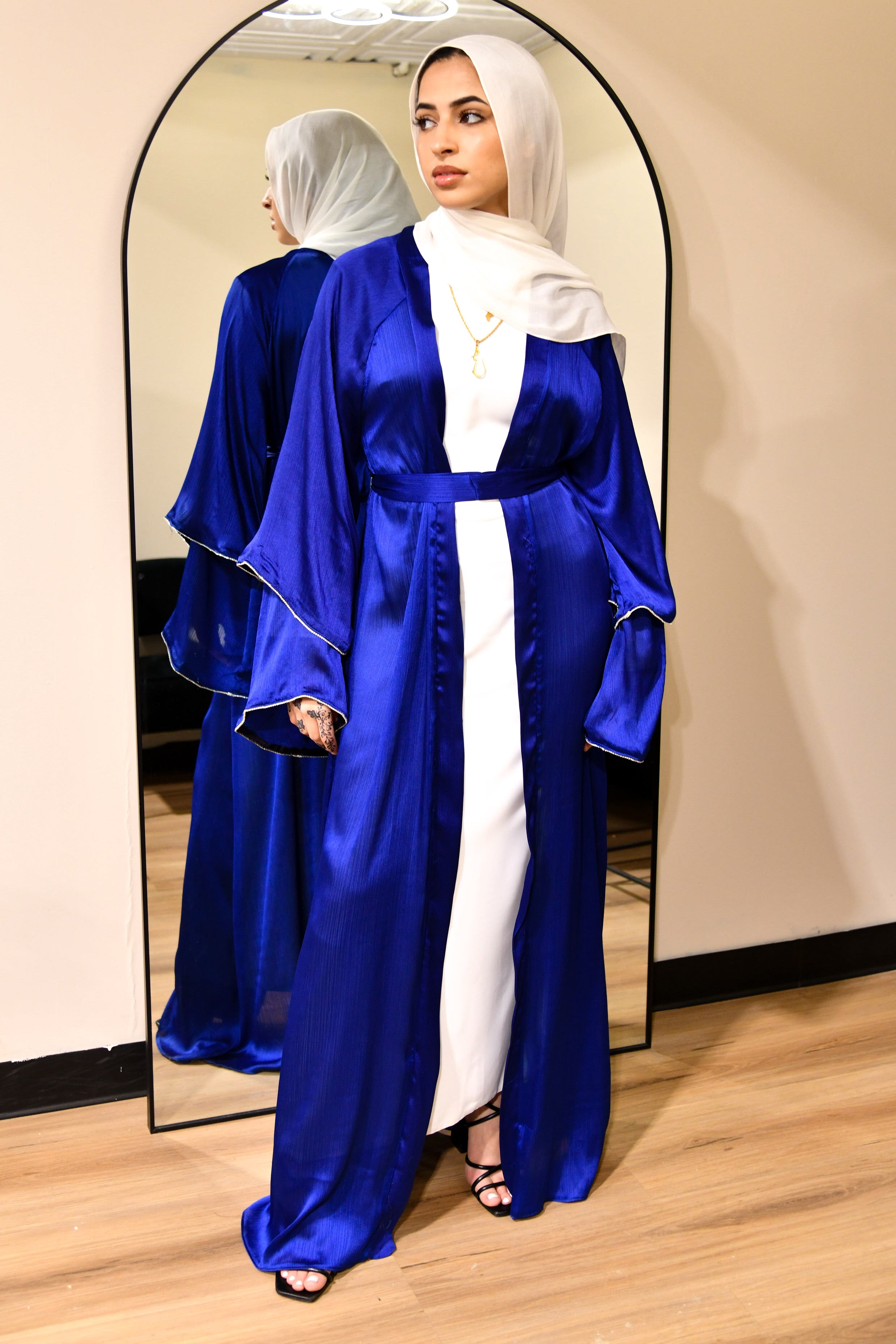 Satin Crystal Abaya Set - Blue