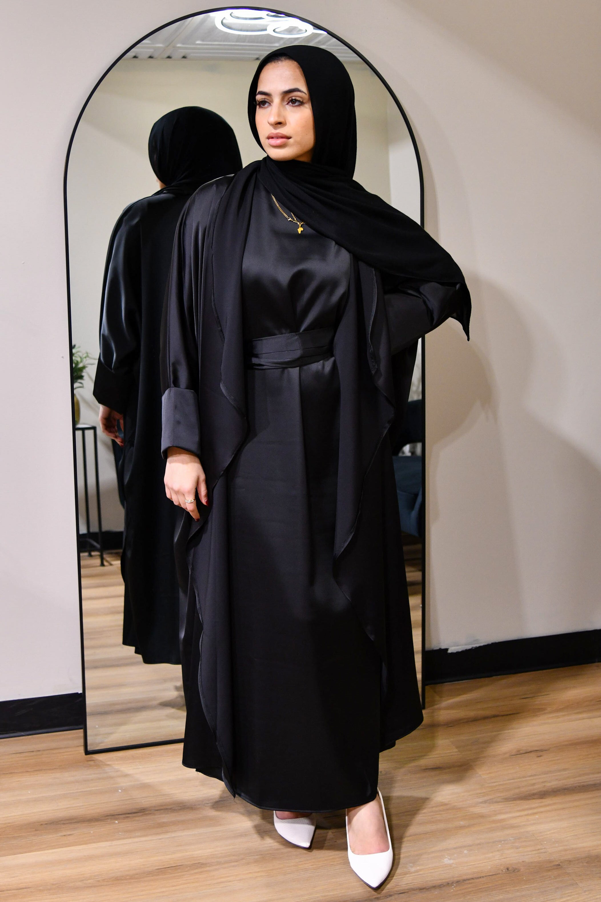 Draped Satin Abaya Set - Black