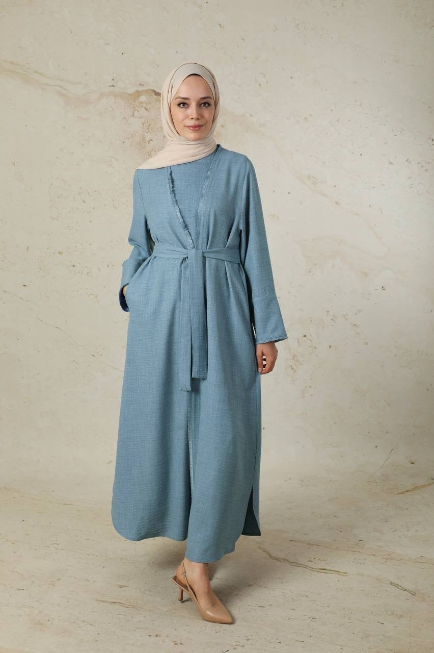 Linen 2 Piece Abaya Set - Acid Blue