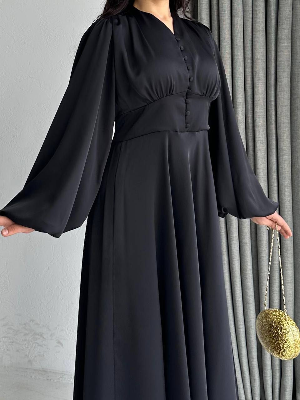 Satin Bishop Sleeve Maxi Evening Dress - Black