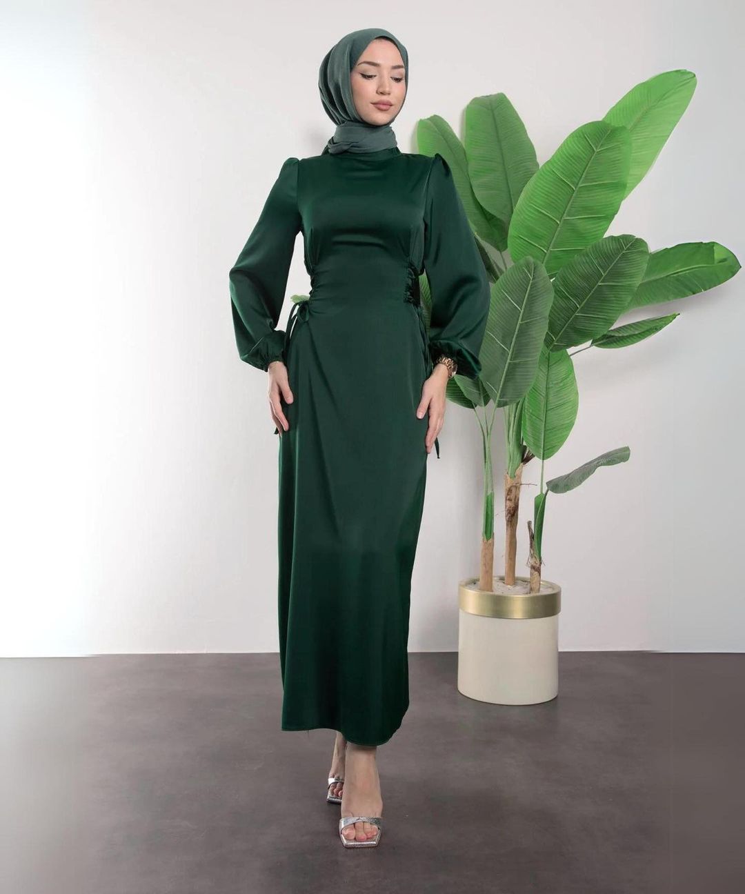 Side Waist Tie Satin Maxi Dress - Hunter Green