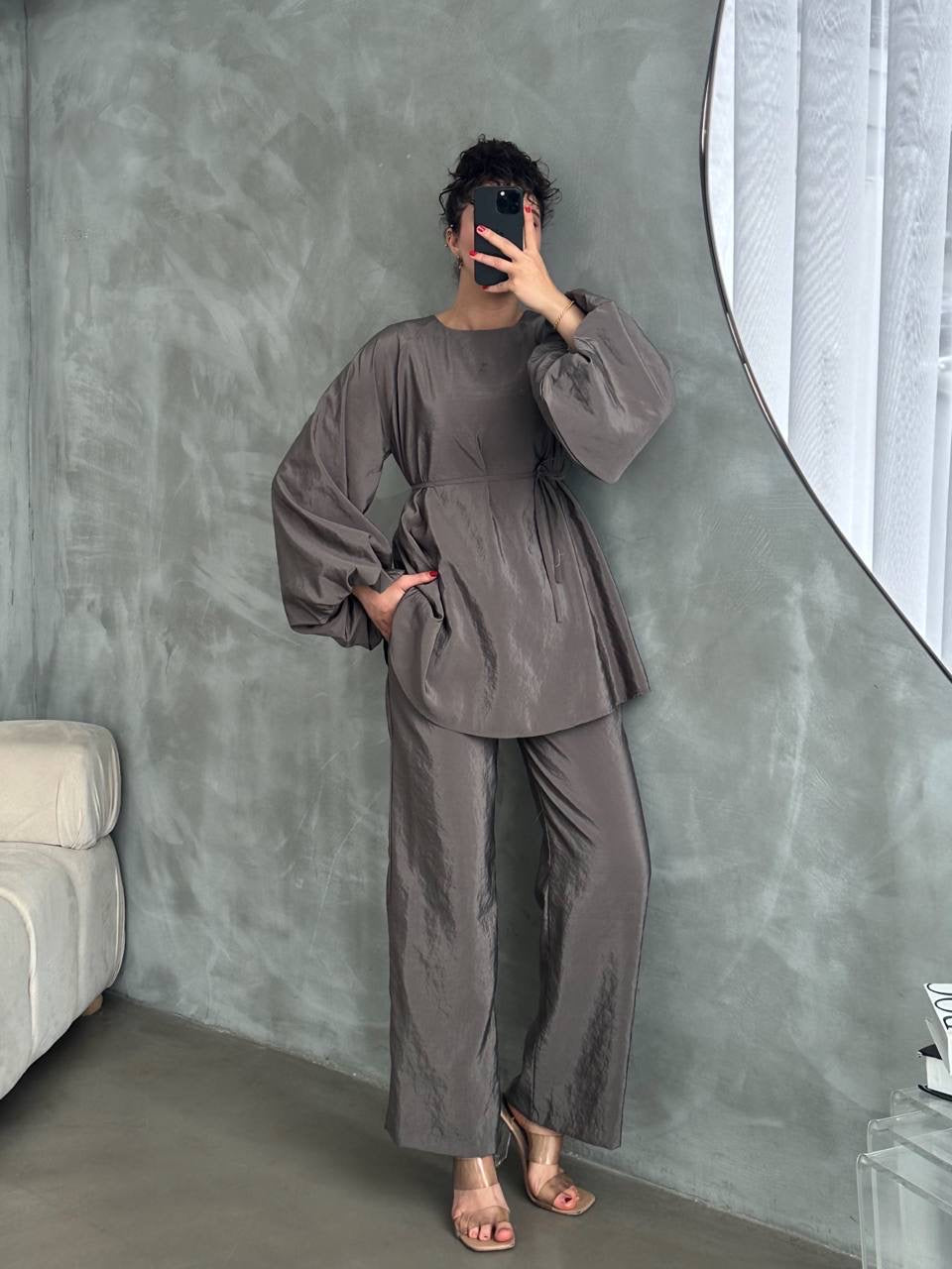 Ballon Sleeve 2 Piece Set - Dark Grey