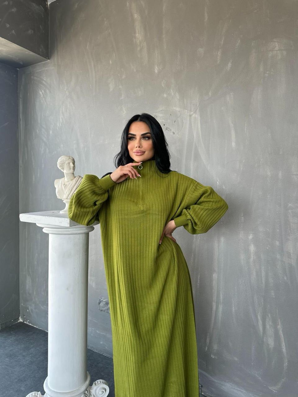 2 Piece Slit Knit Dress - Goldish Pistachio