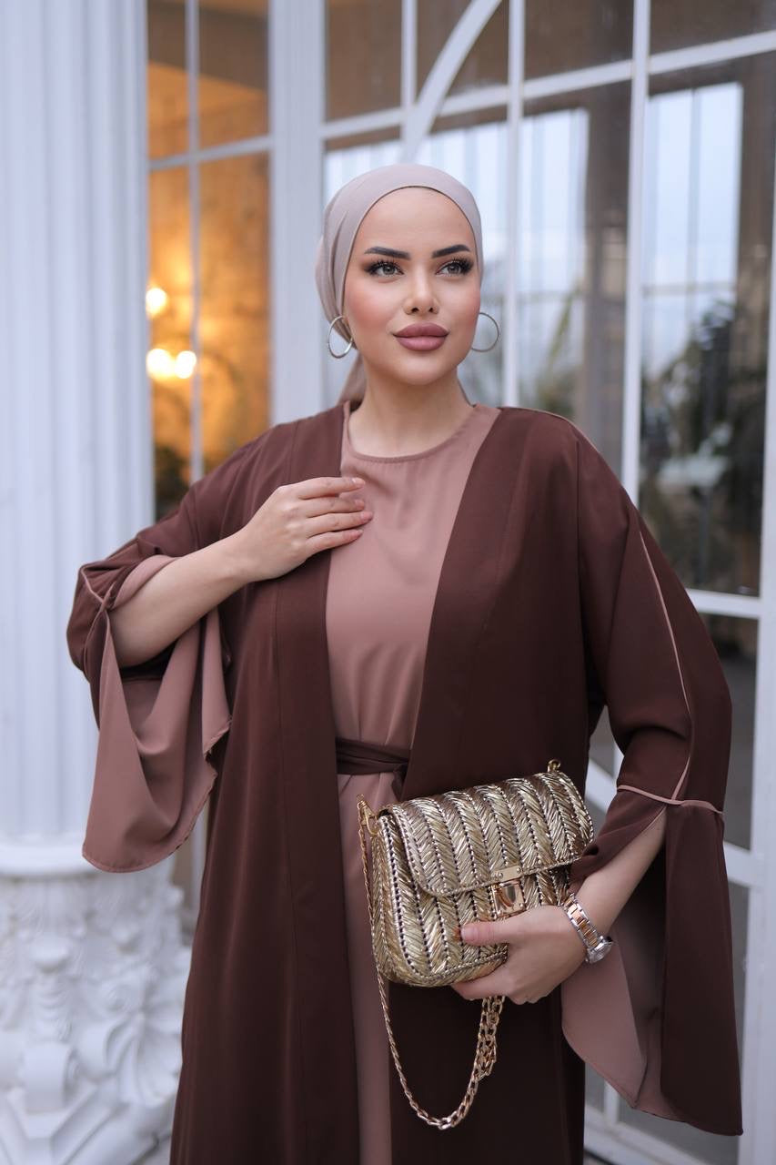 Pin Stripe 2 Piece Abaya Set - Brown/Mocha