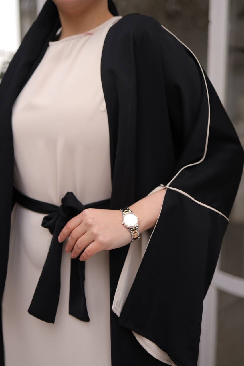 Pin Stripe 2 Piece Abaya Set - Black/Off White