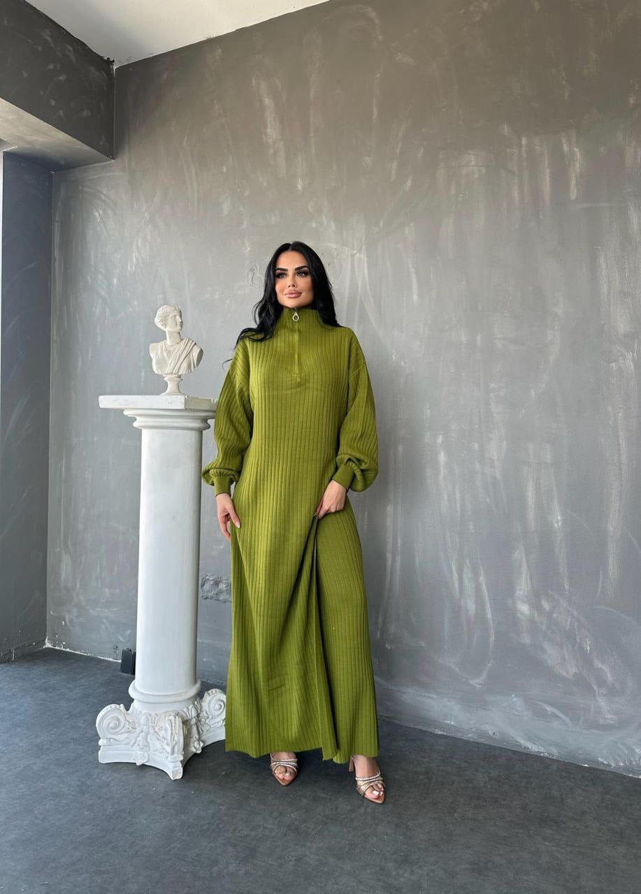 2 Piece Slit Knit Dress - Goldish Pistachio