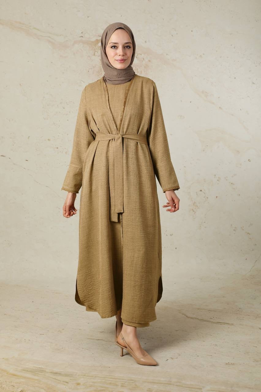 Linen 2 Piece Abaya Set - Mocha