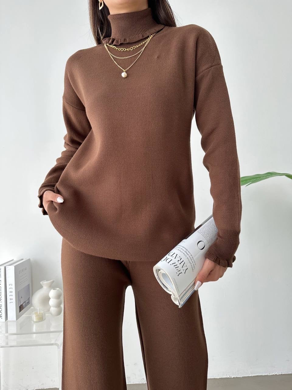 Leyla Knit Turtle Neck 2 Piece Set - Brown