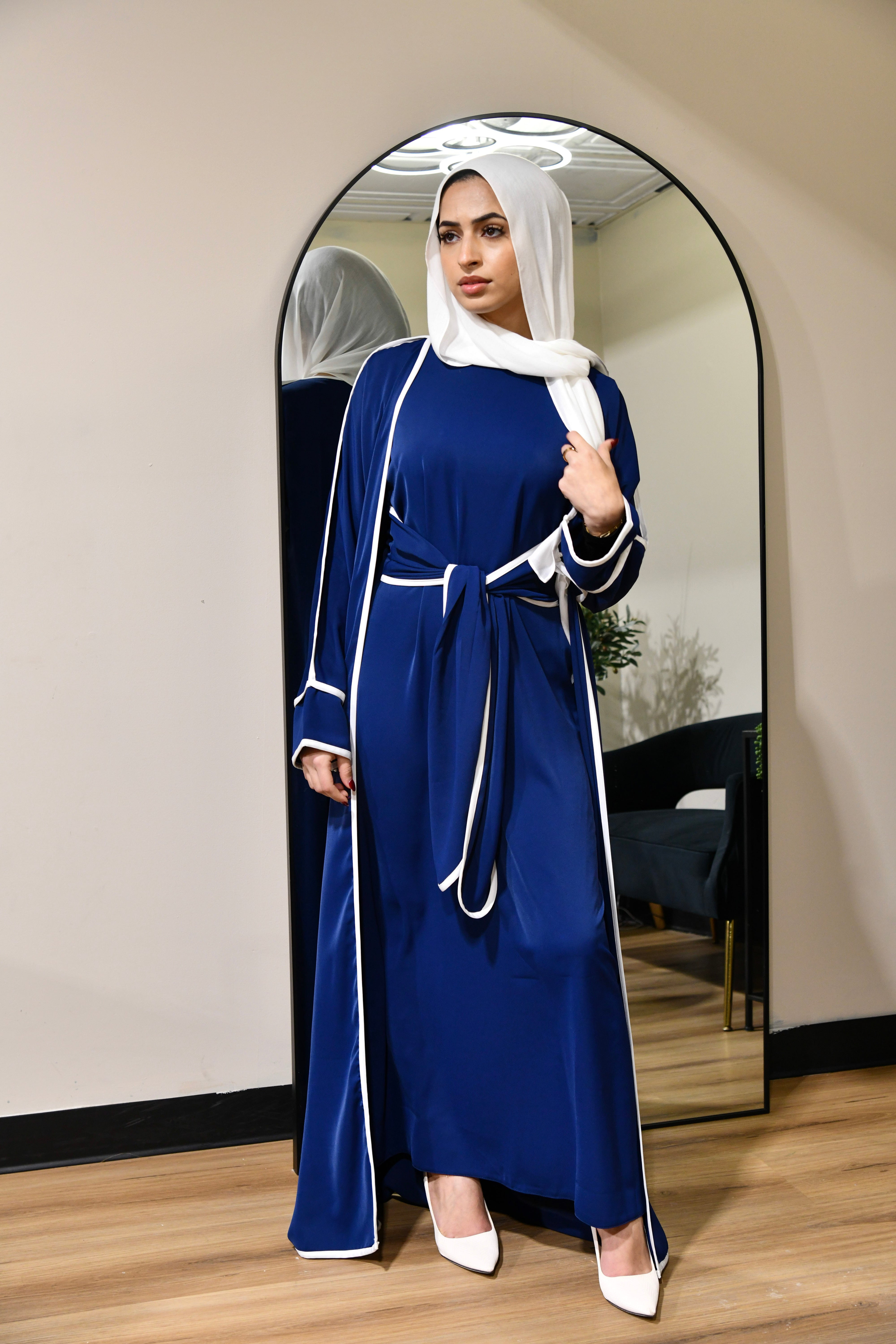 Stripe Tie Waist Abaya Set - Navy Blue