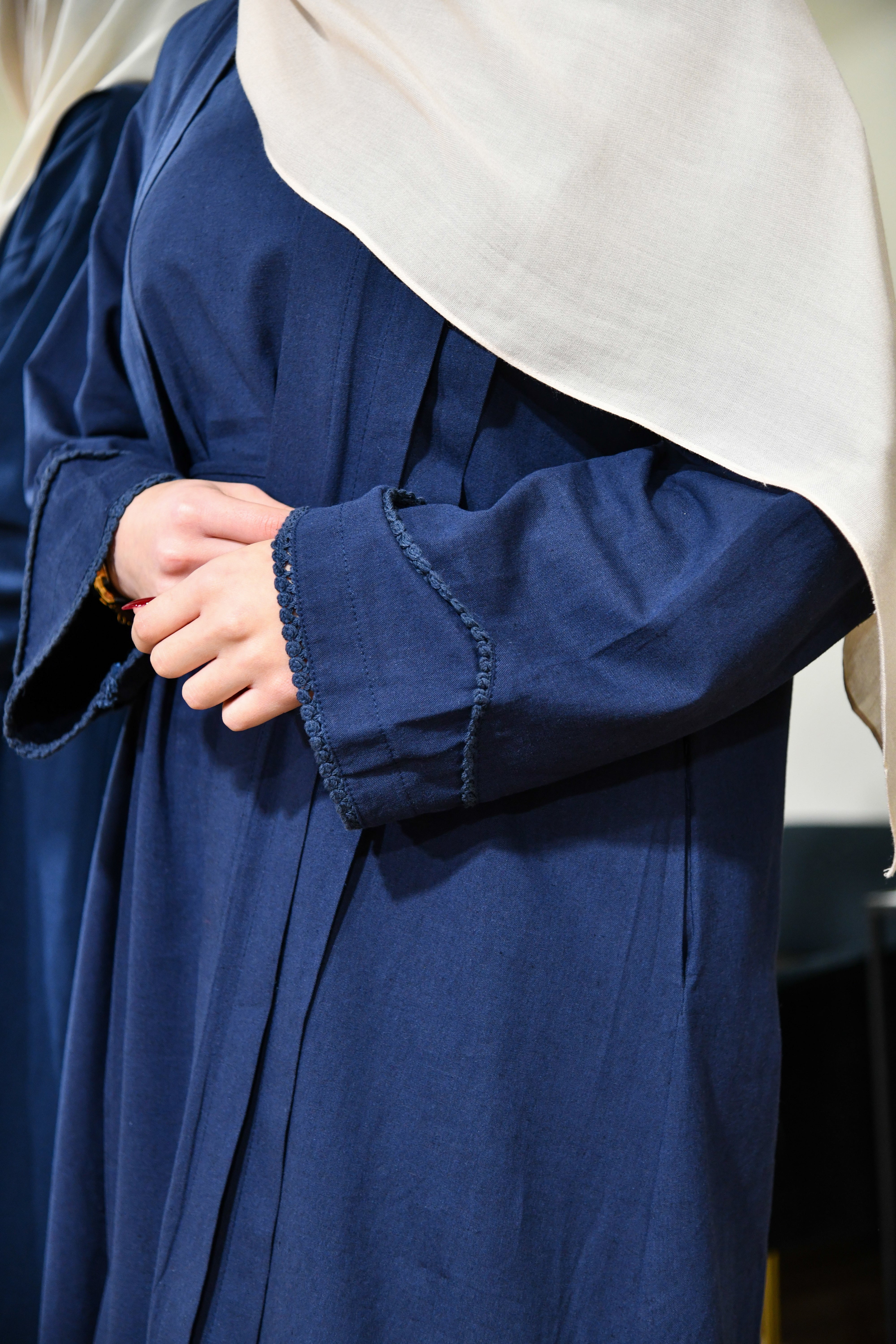 Linen Abaya Set Dress - Navy Blue