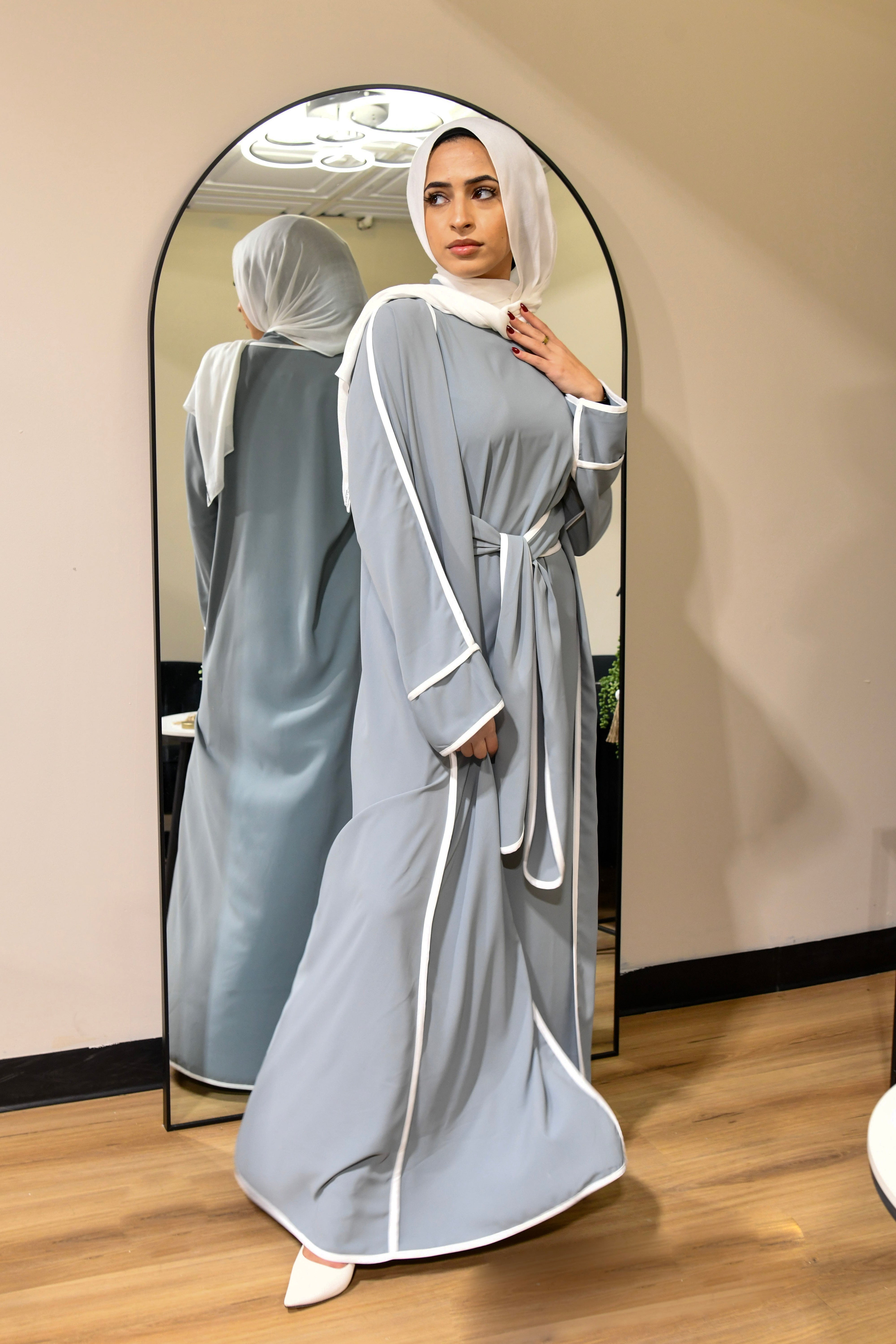 Stripe Tie Waist Abaya Set -  Grey